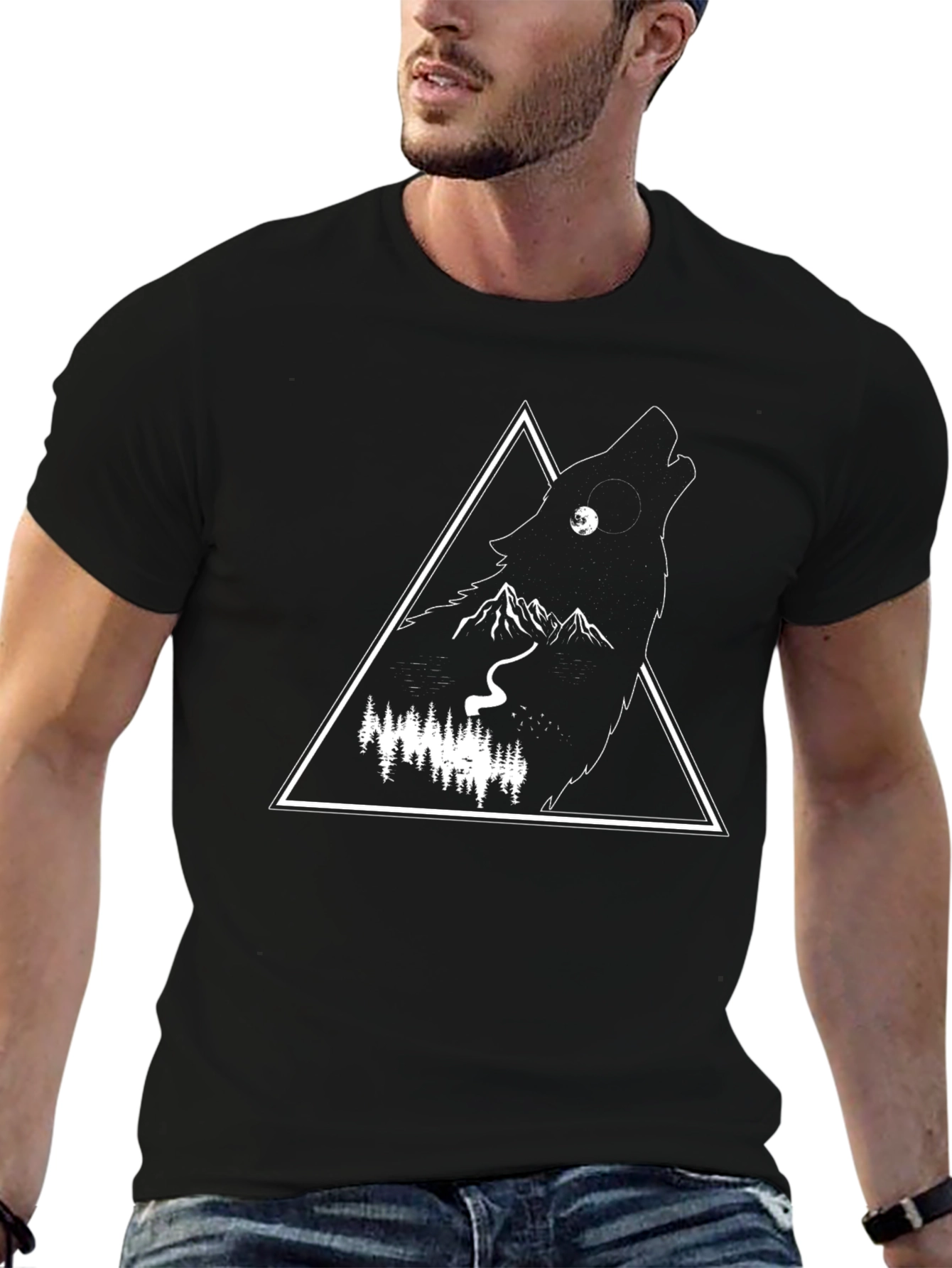 Mens Black Wolf Graphic Tee - Nature Inspired Design