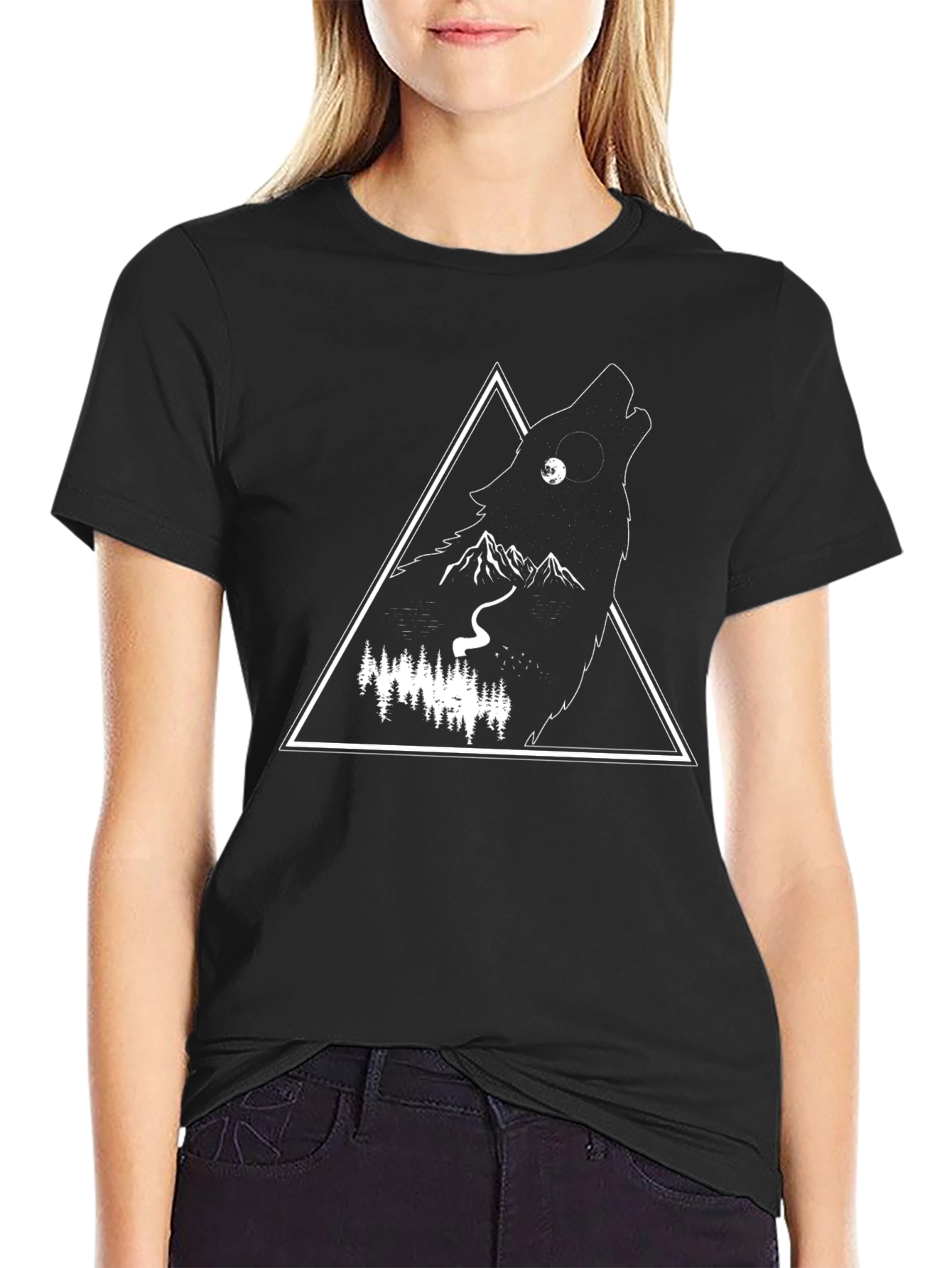 Mens Black Wolf Graphic Tee - Nature Inspired Design