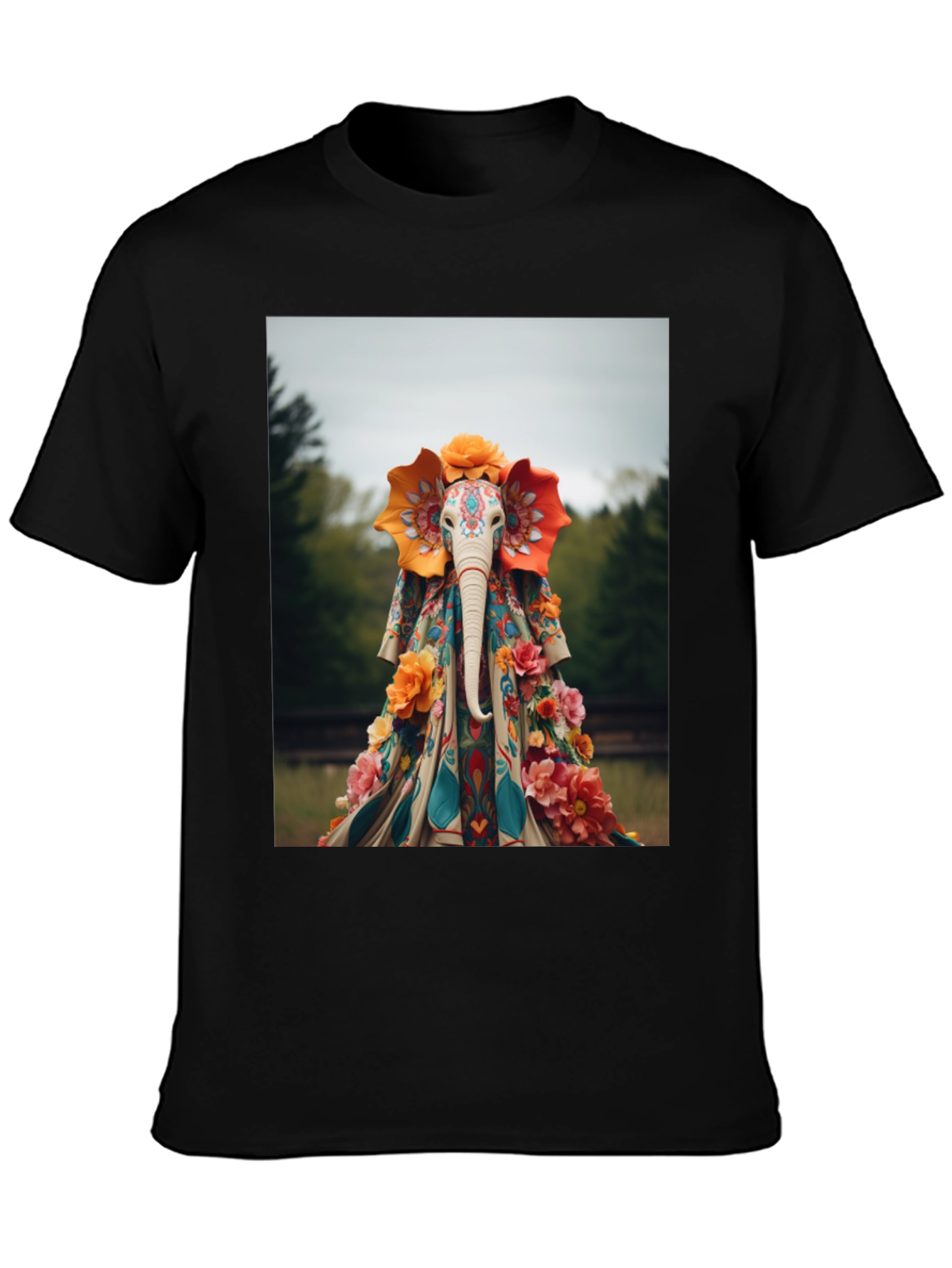 Elephant Floral Art Black T-Shirt