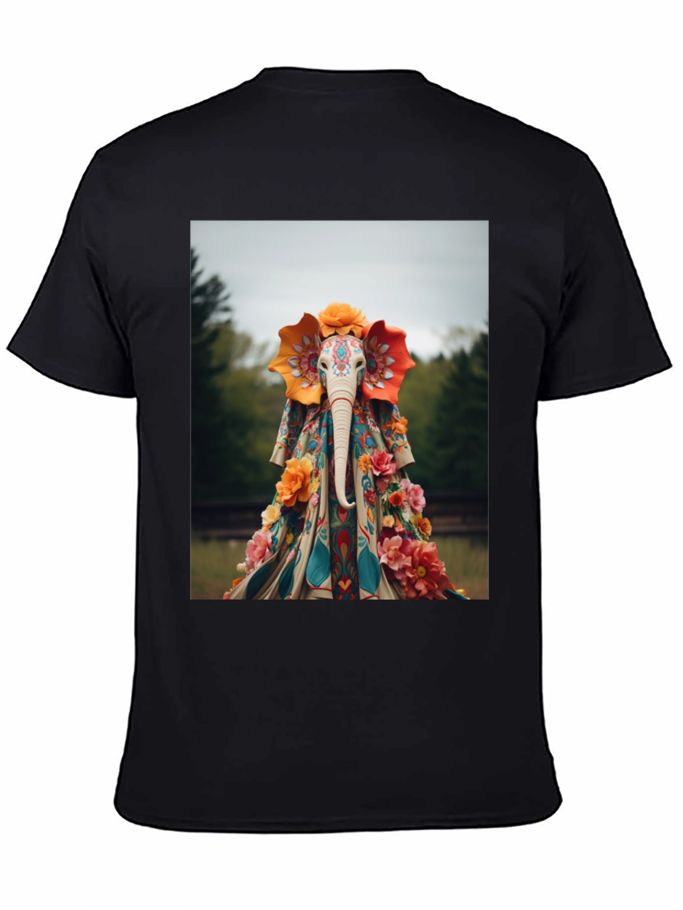 Elephant Floral Art Black T-Shirt