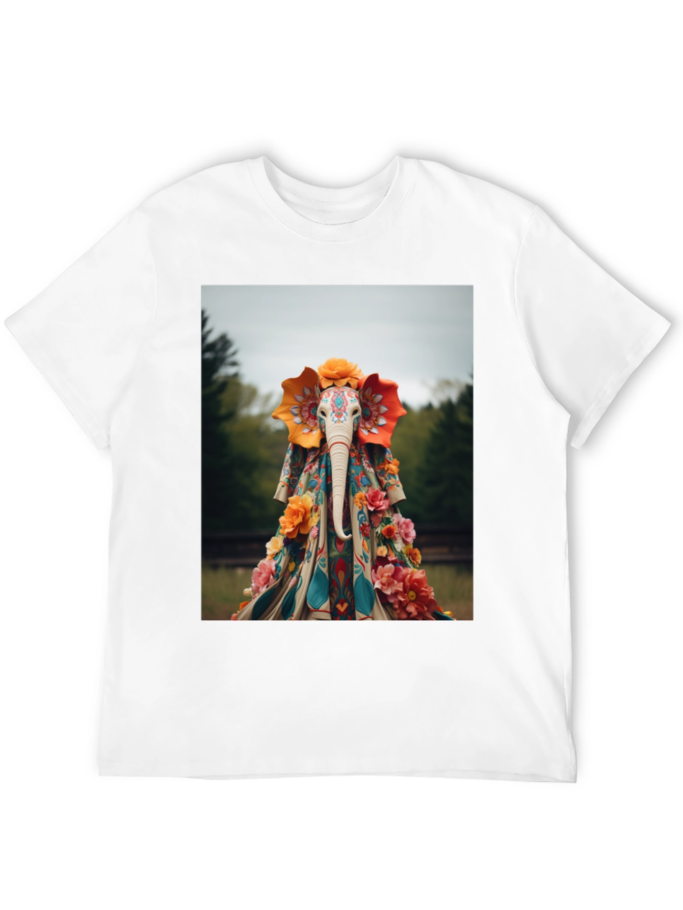 Elephant Floral Art Black T-Shirt