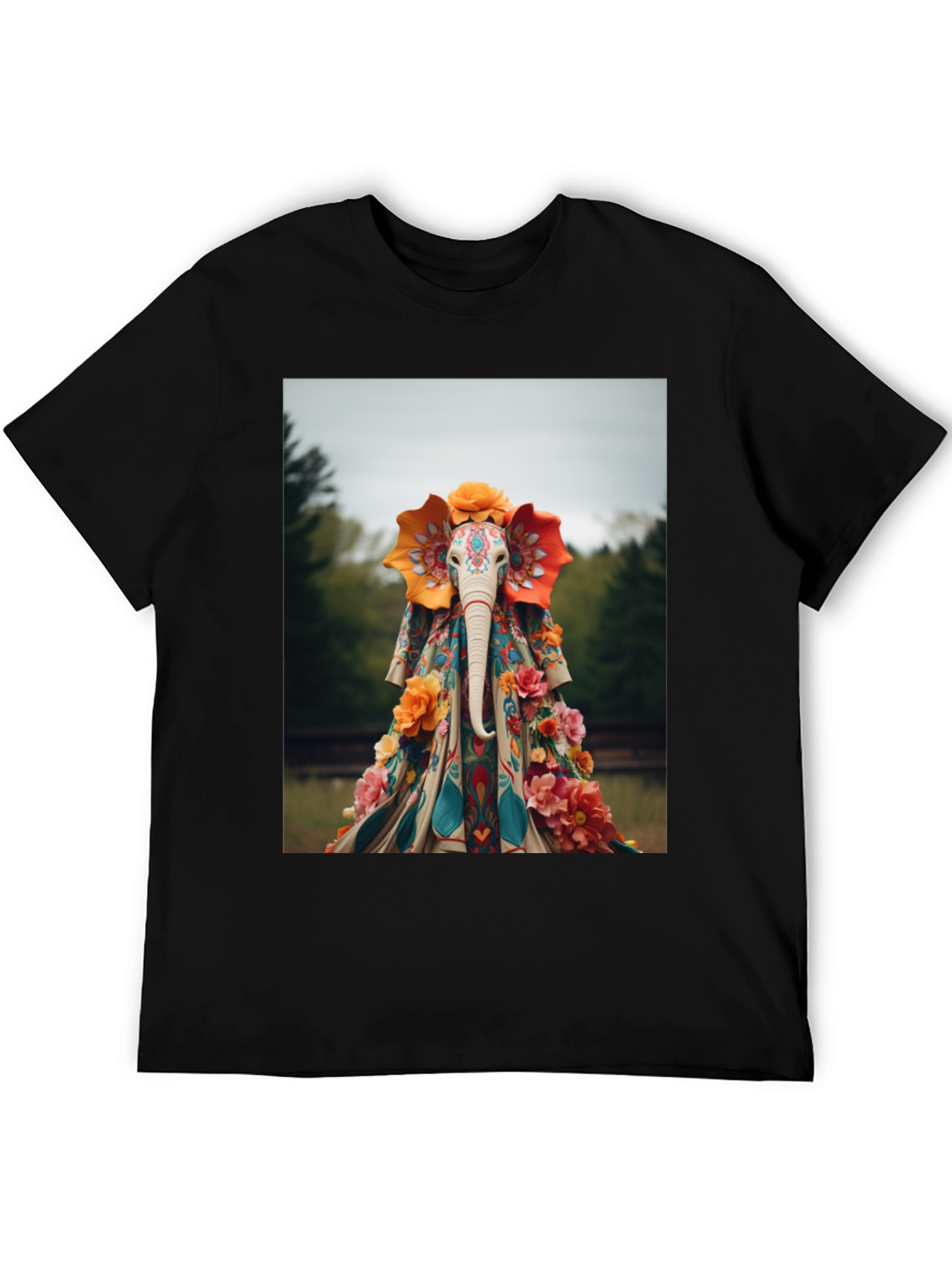 Elephant Floral Art Black T-Shirt