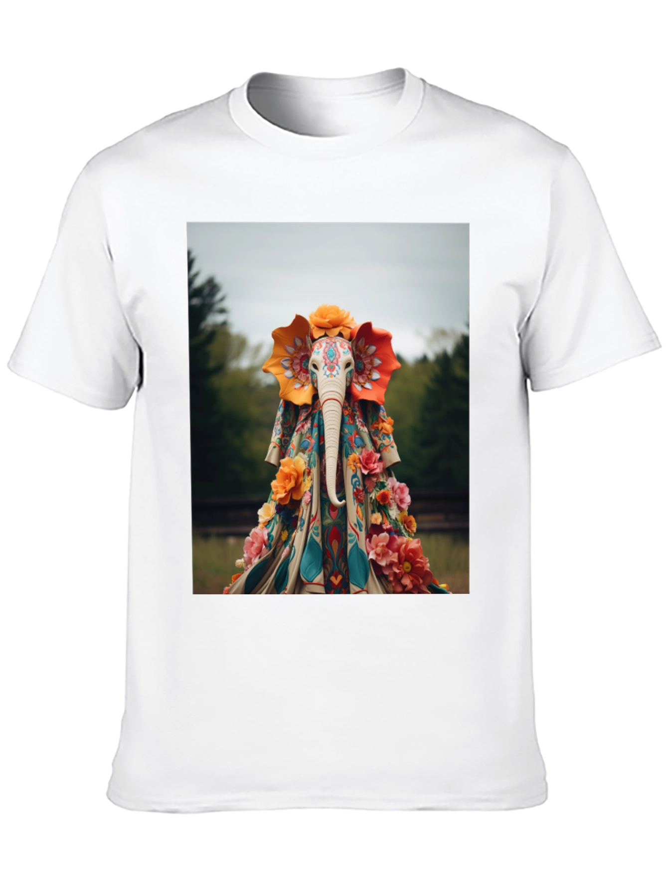 Elephant Floral Art Black T-Shirt