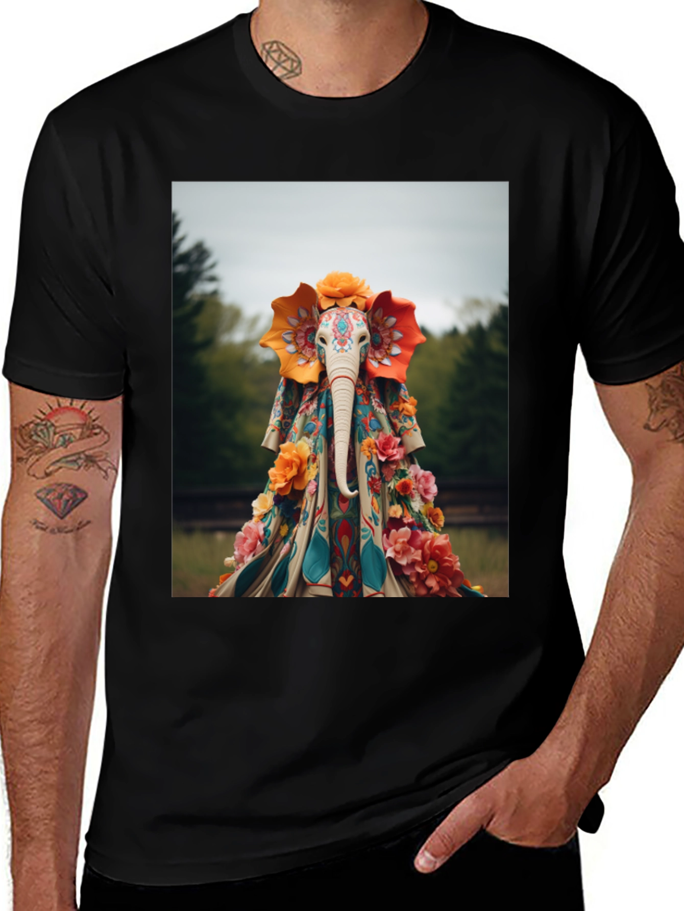 Elephant Floral Art Black T-Shirt