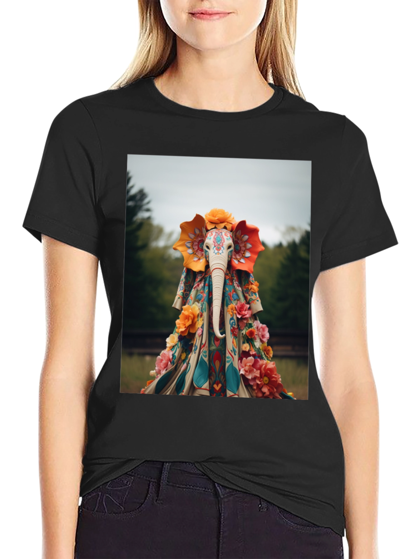 Elephant Floral Art Black T-Shirt