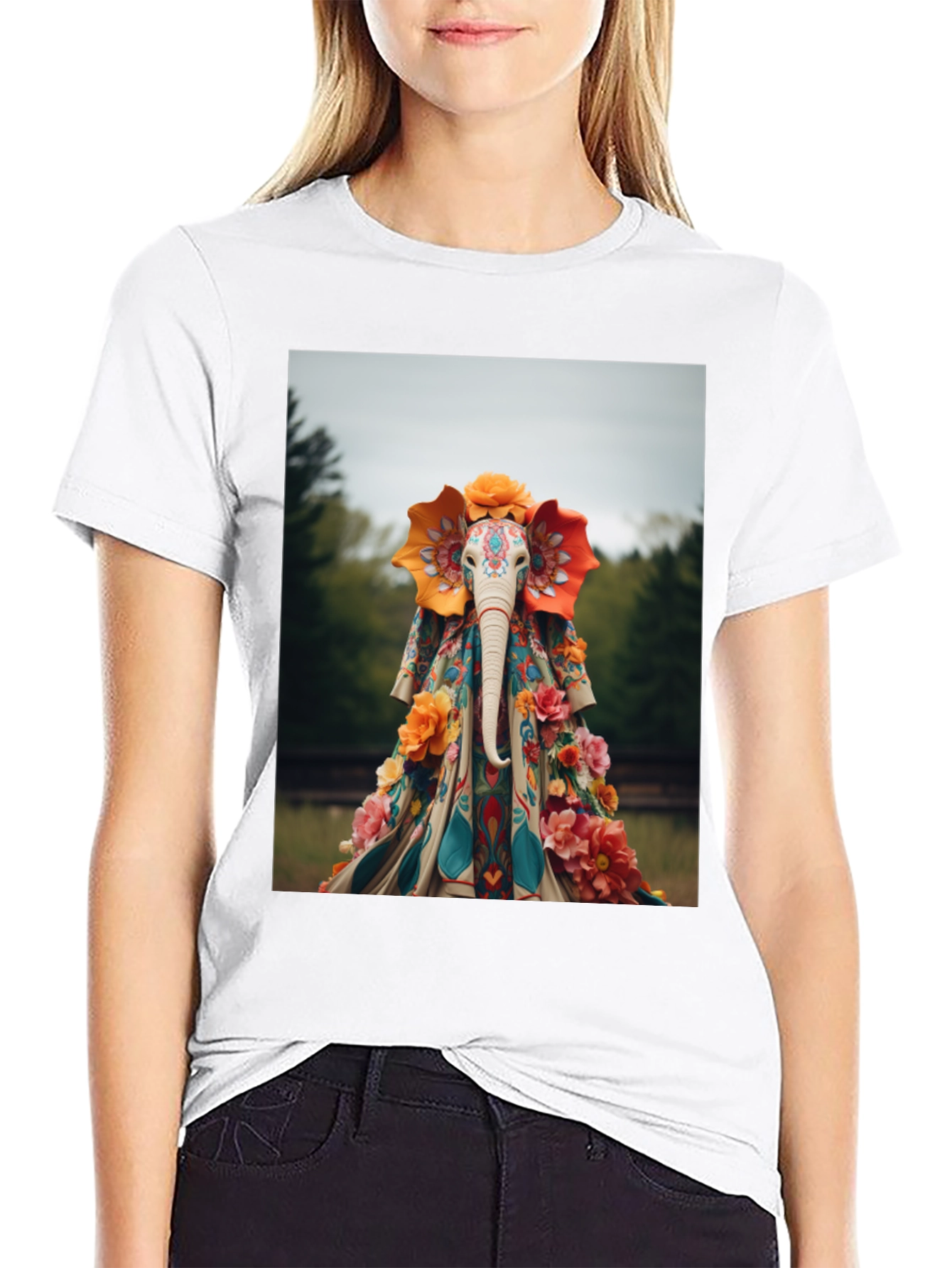 Elephant Floral Art Black T-Shirt