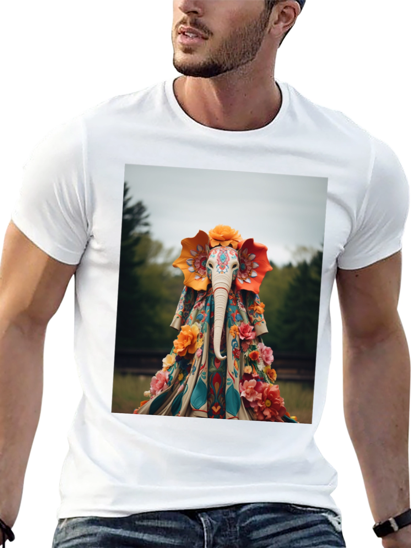 Elephant Floral Art Black T-Shirt