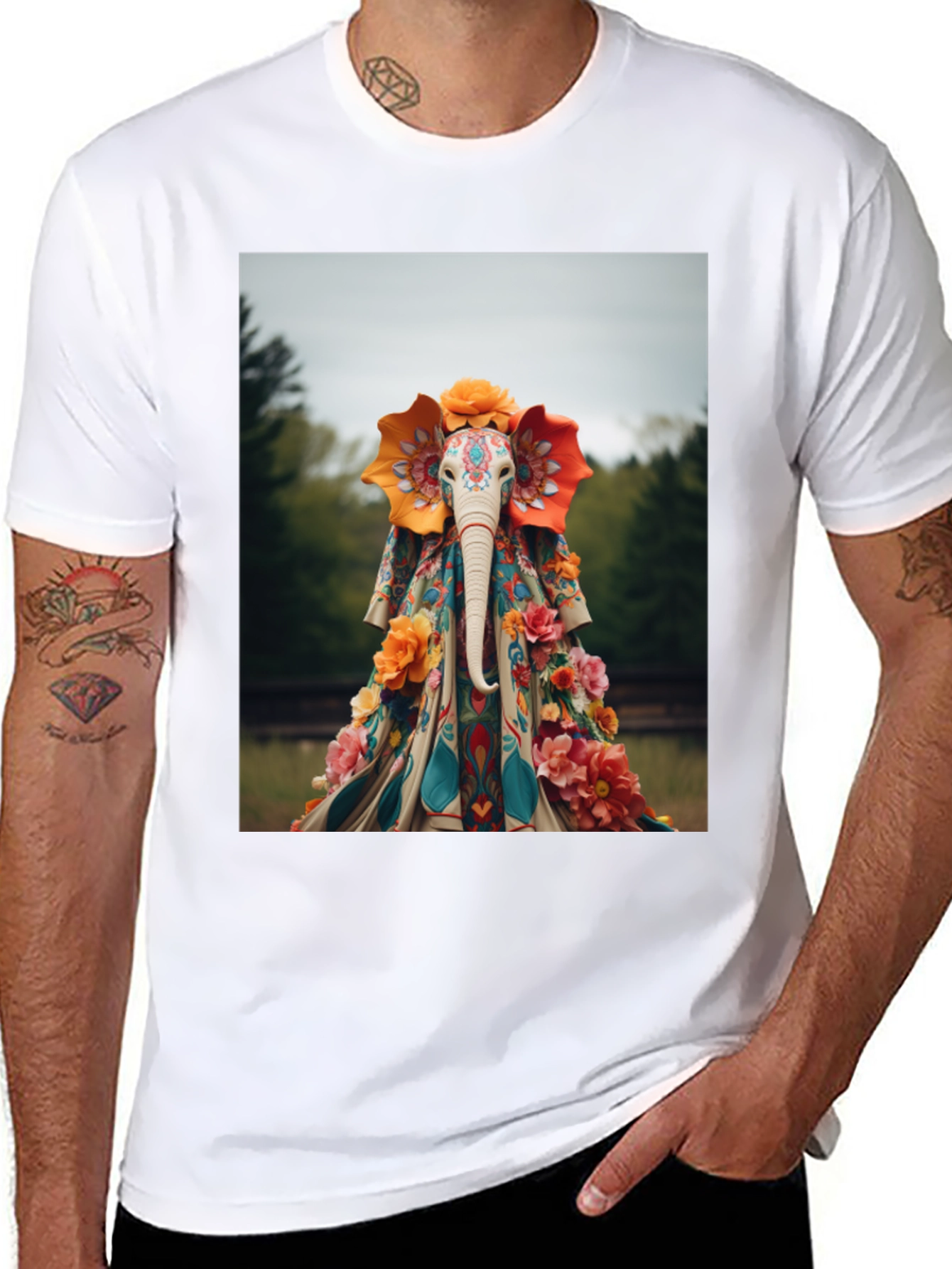 Elephant Floral Art Black T-Shirt