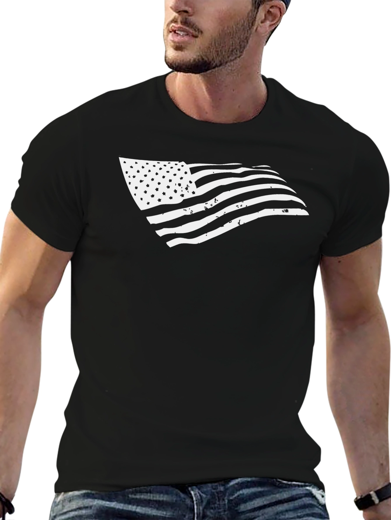 American Flag Graphic Print Black T-Shirt