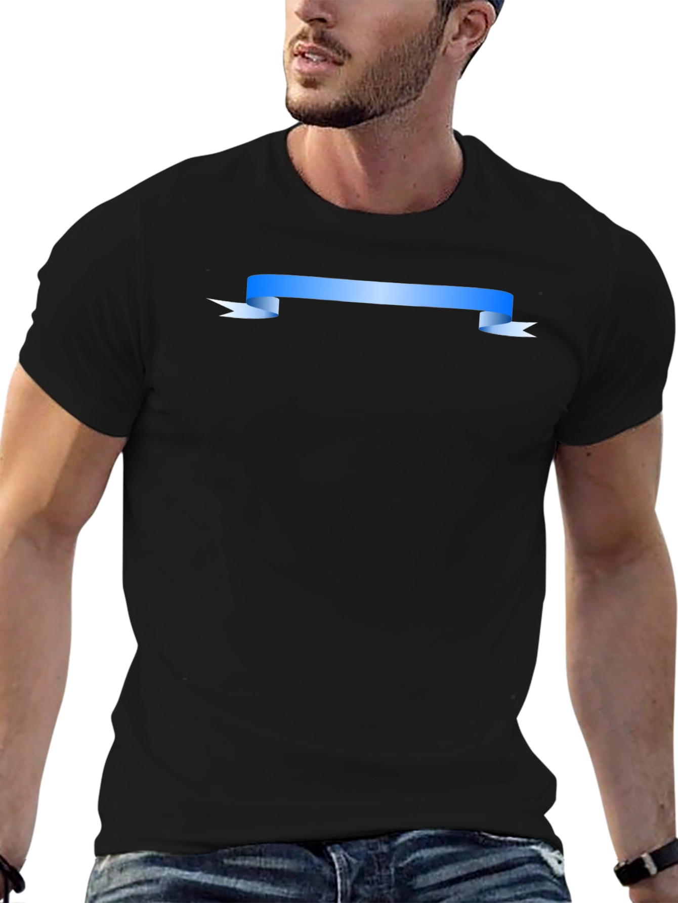 Mens Black Graphic T-Shirt with Blue Ribbon Design