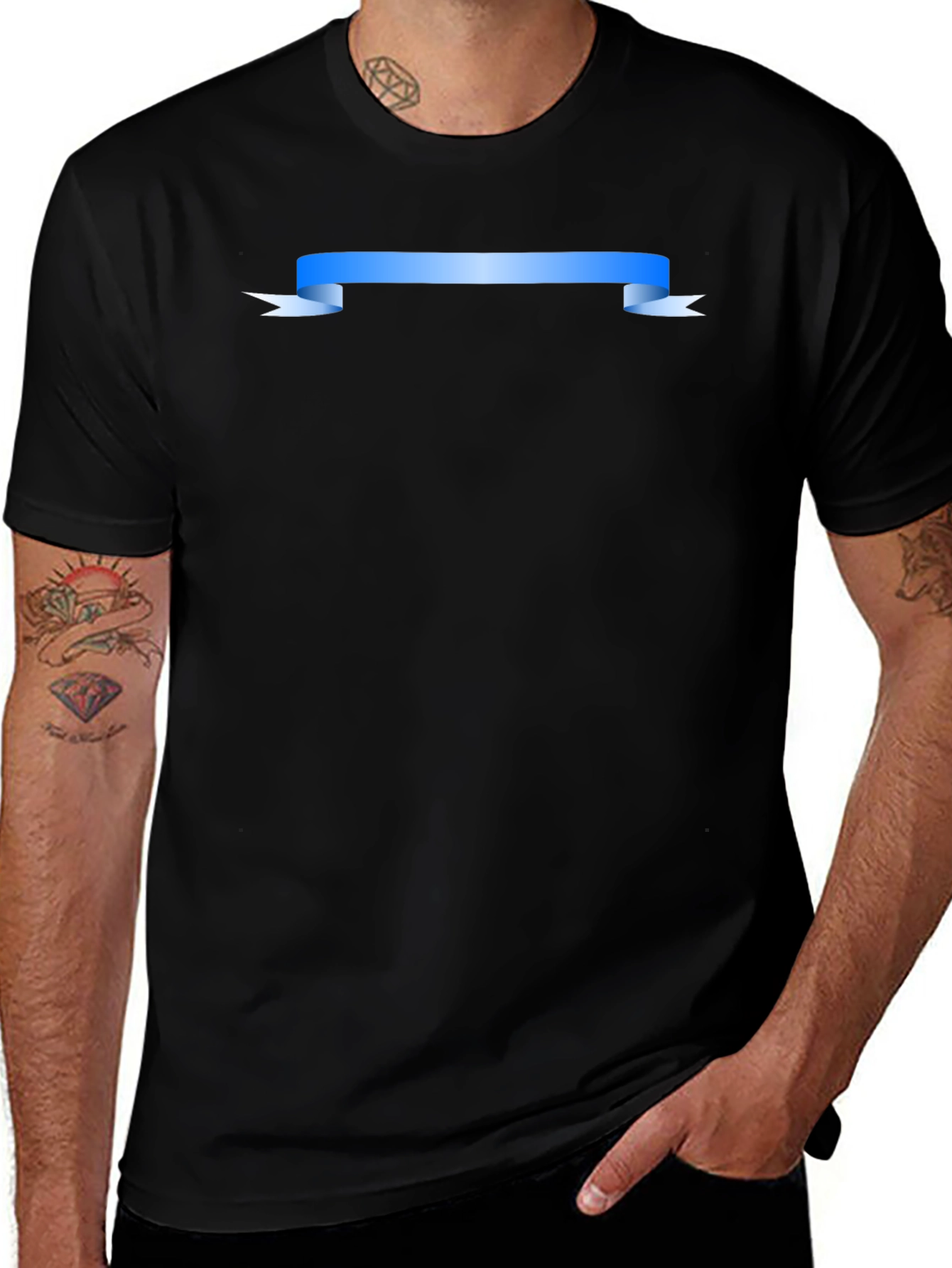 Mens Black Graphic T-Shirt with Blue Ribbon Design