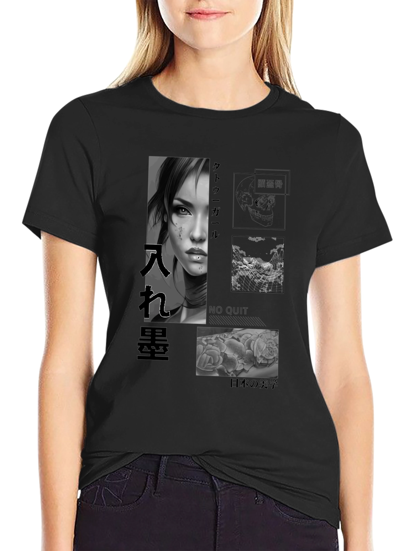 Artistic Black T-Shirt with Tattoo Girl Design