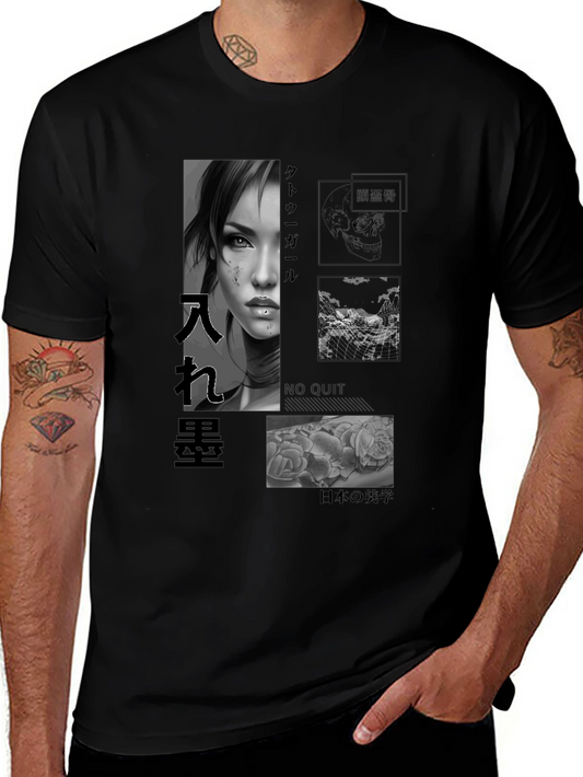 Artistic Black T-Shirt with Tattoo Girl Design