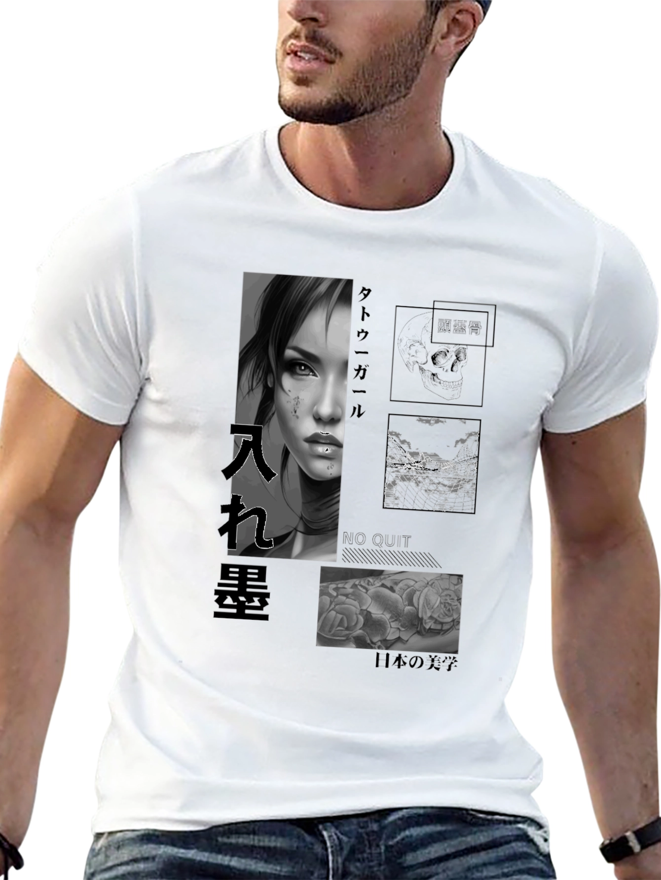 Artistic Black T-Shirt with Tattoo Girl Design