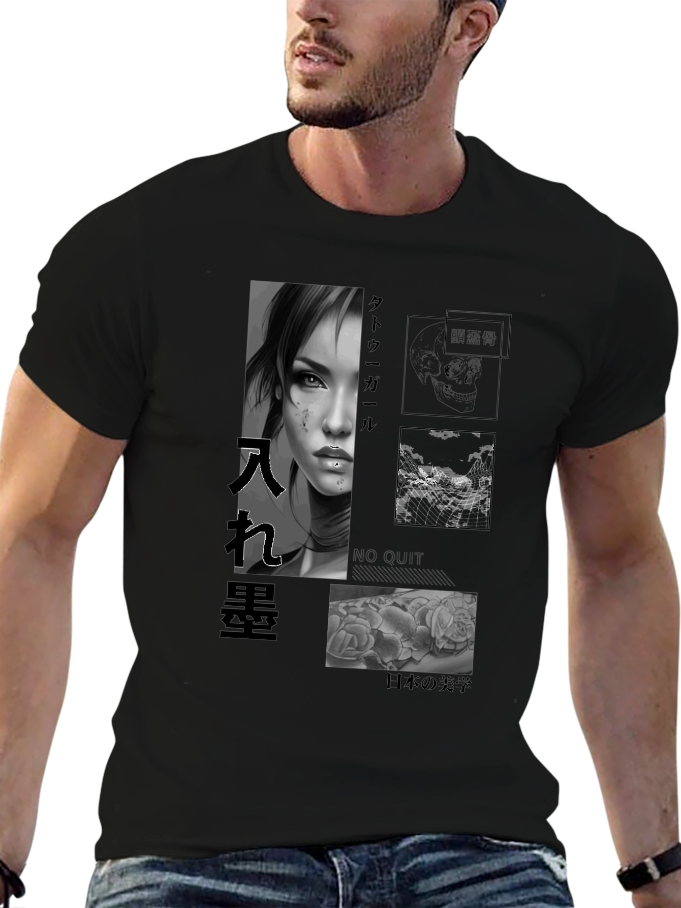 Artistic Black T-Shirt with Tattoo Girl Design