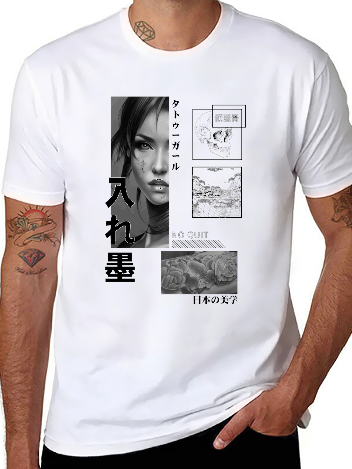 Artistic Black T-Shirt with Tattoo Girl Design