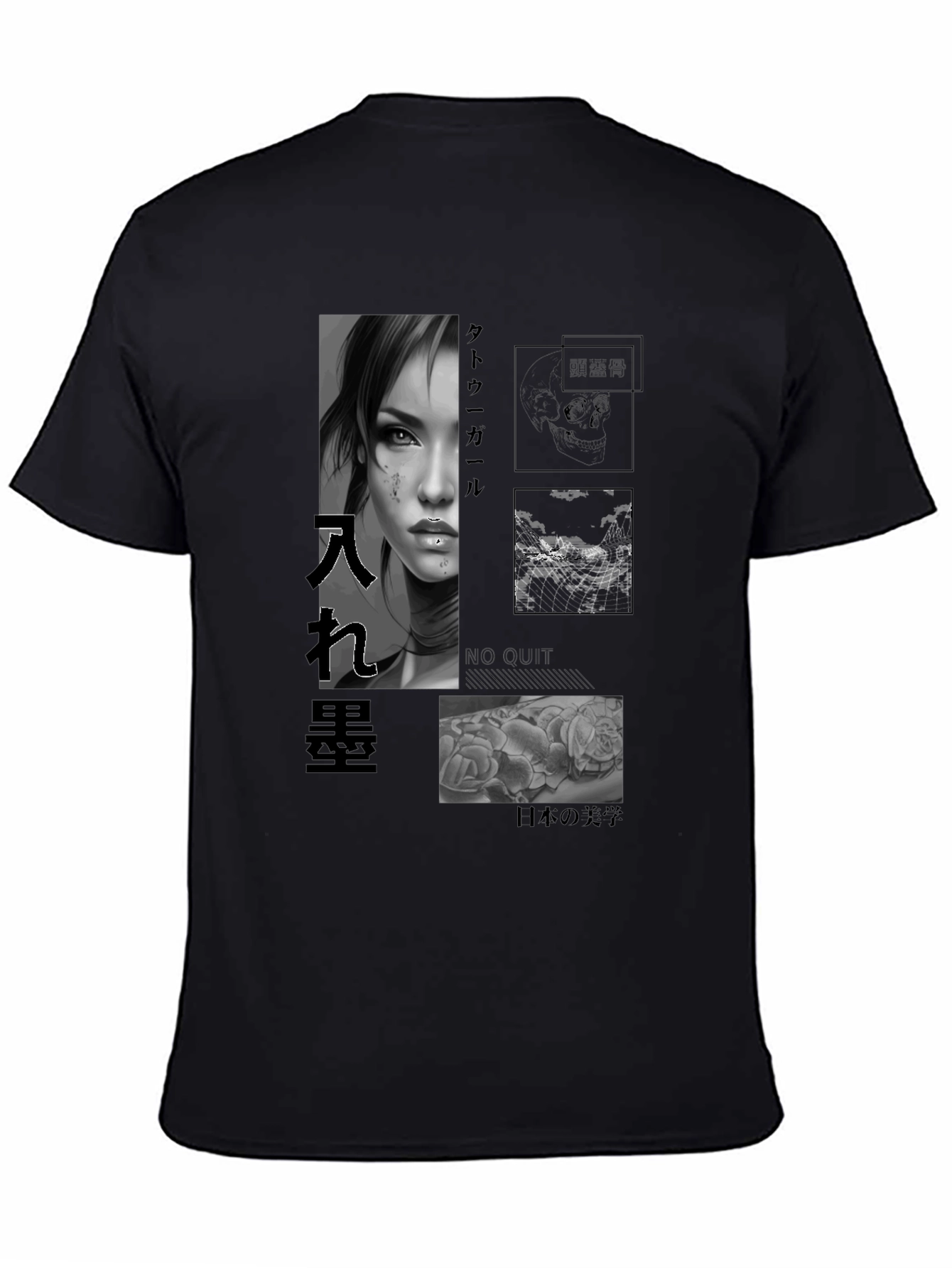 Artistic Black T-Shirt with Tattoo Girl Design