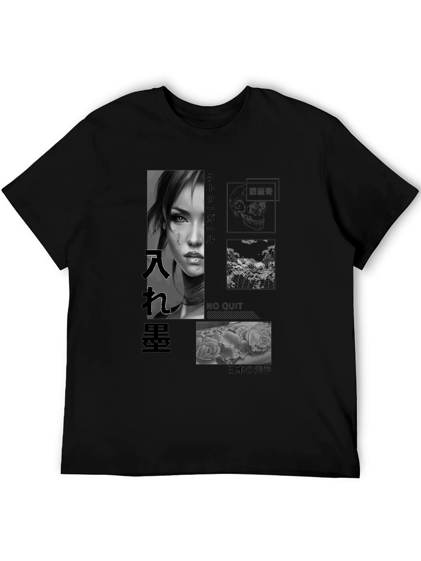 Artistic Black T-Shirt with Tattoo Girl Design