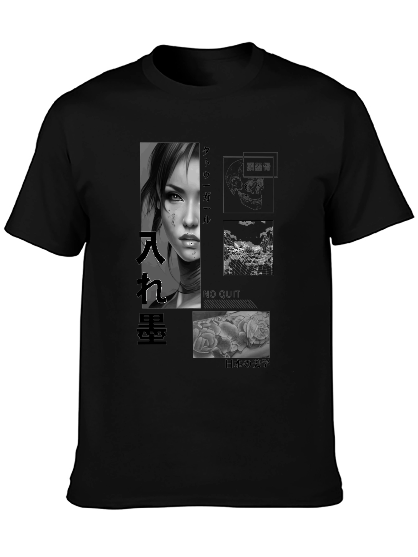 Artistic Black T-Shirt with Tattoo Girl Design
