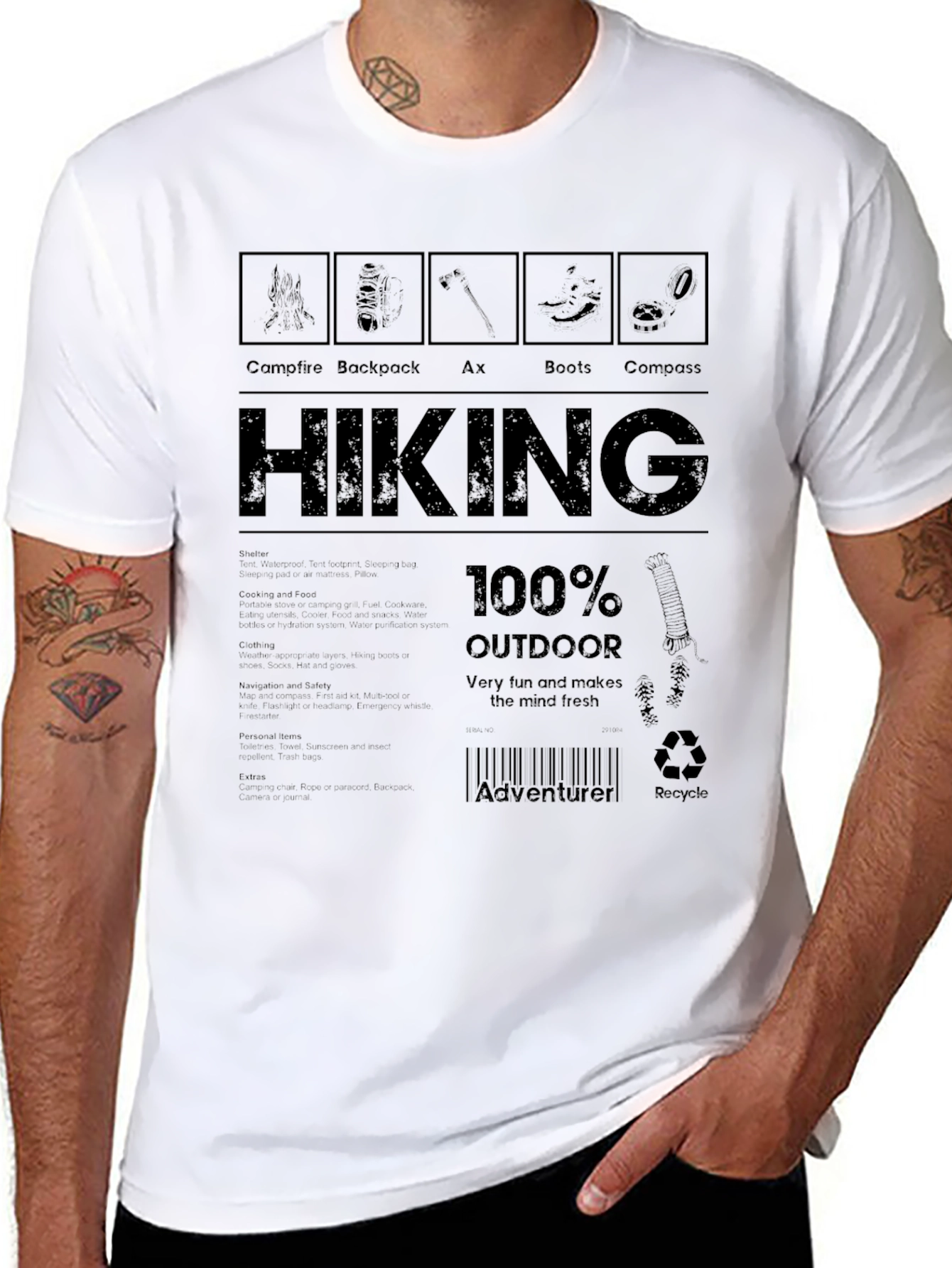 Hiking Adventure T-Shirt: Campfire Backpack Ax Boots Compass Design
