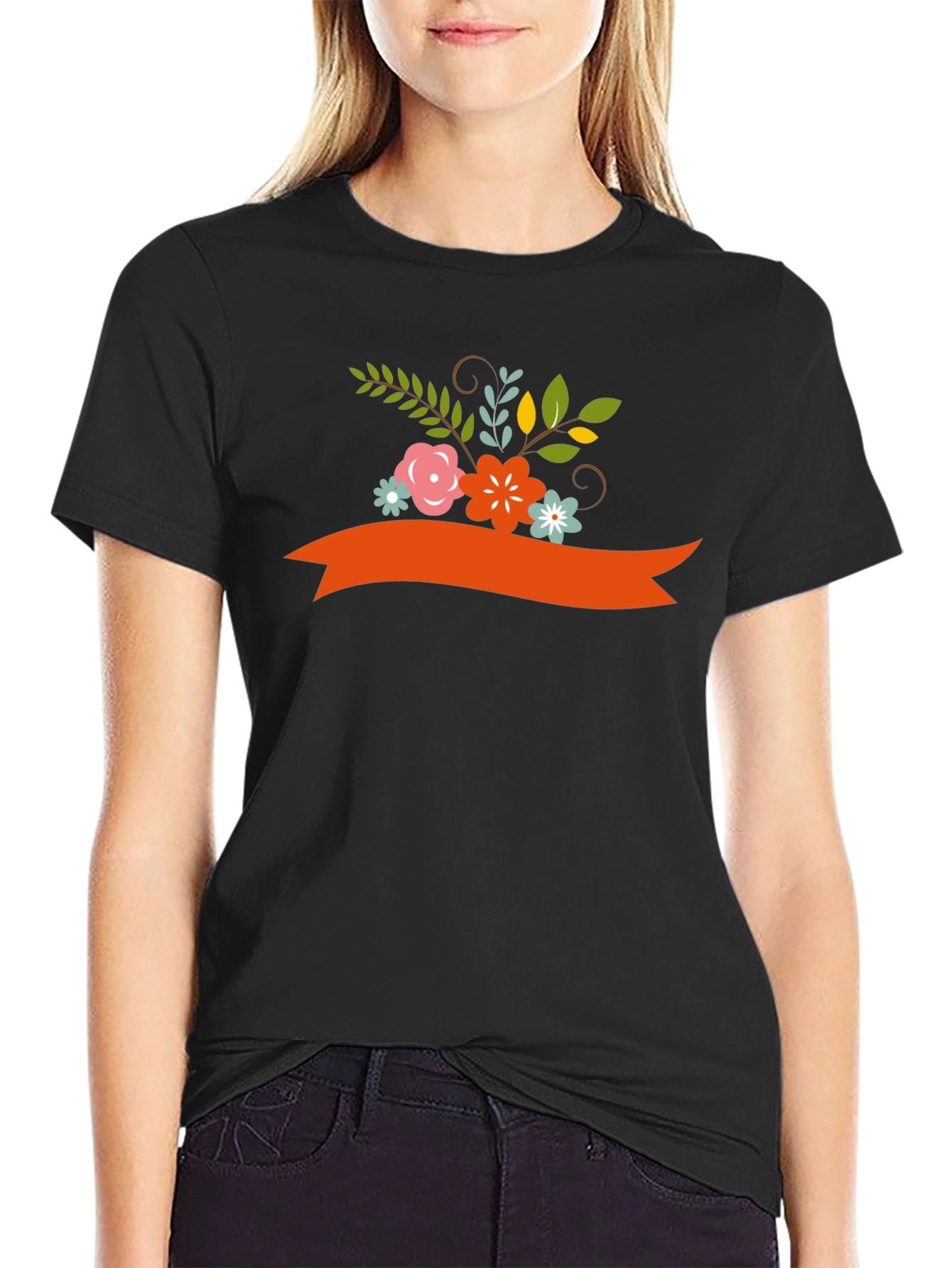 Floral Ribbon Graphic Tee - Black Cotton Blend