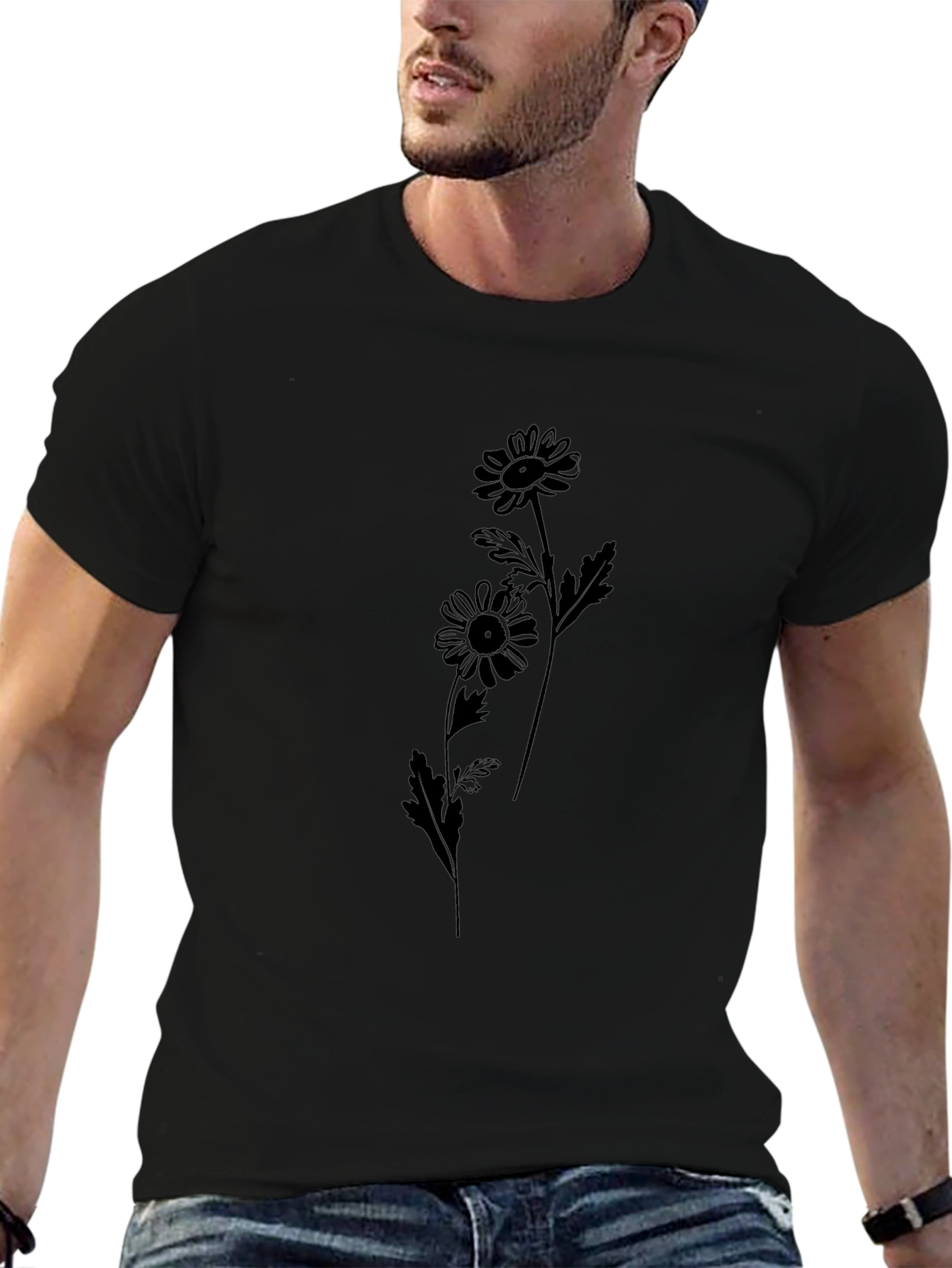 Black Daisy Flower Graphic Tee - Casual Style