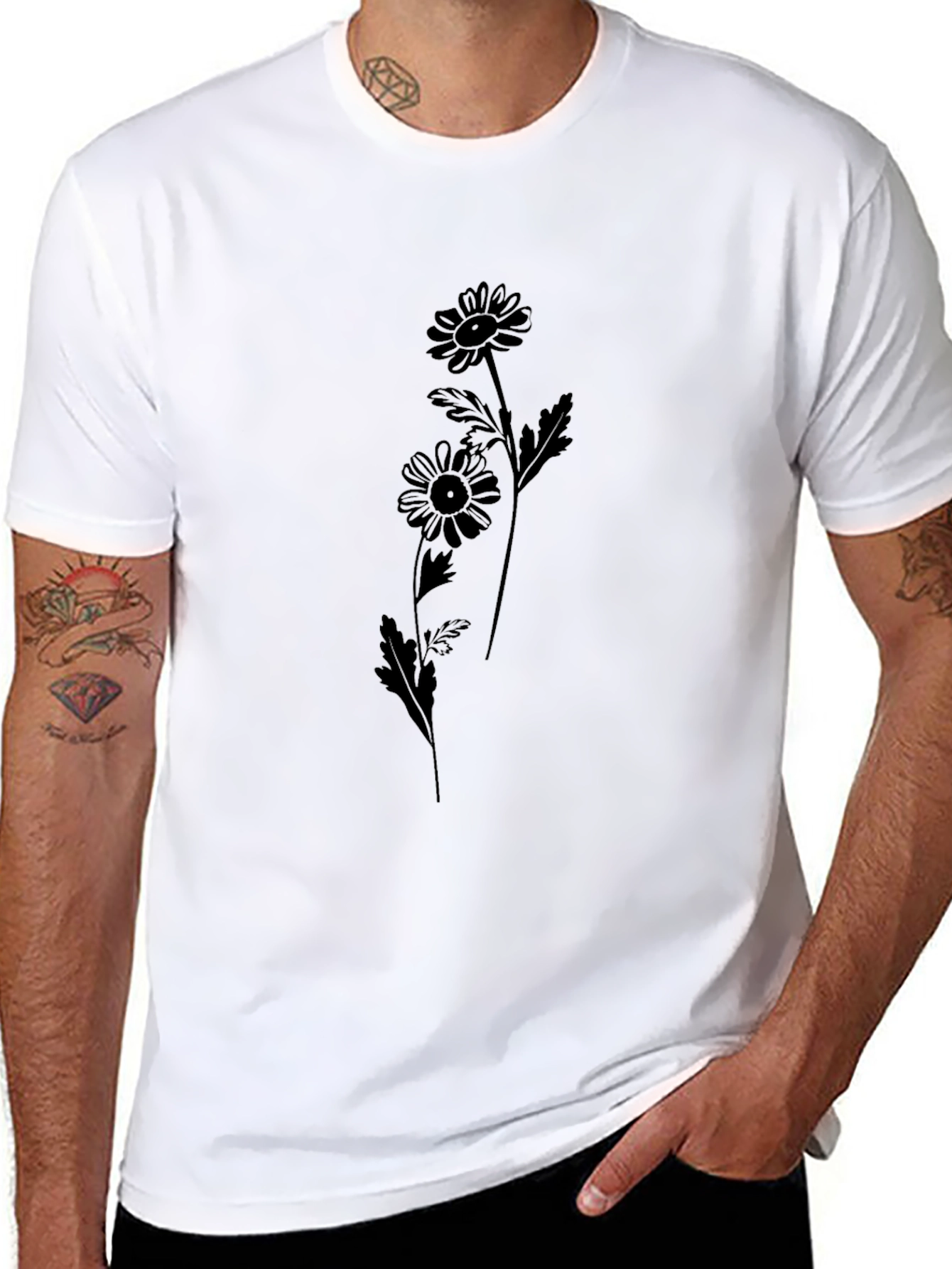 Black Daisy Flower Graphic Tee - Casual Style