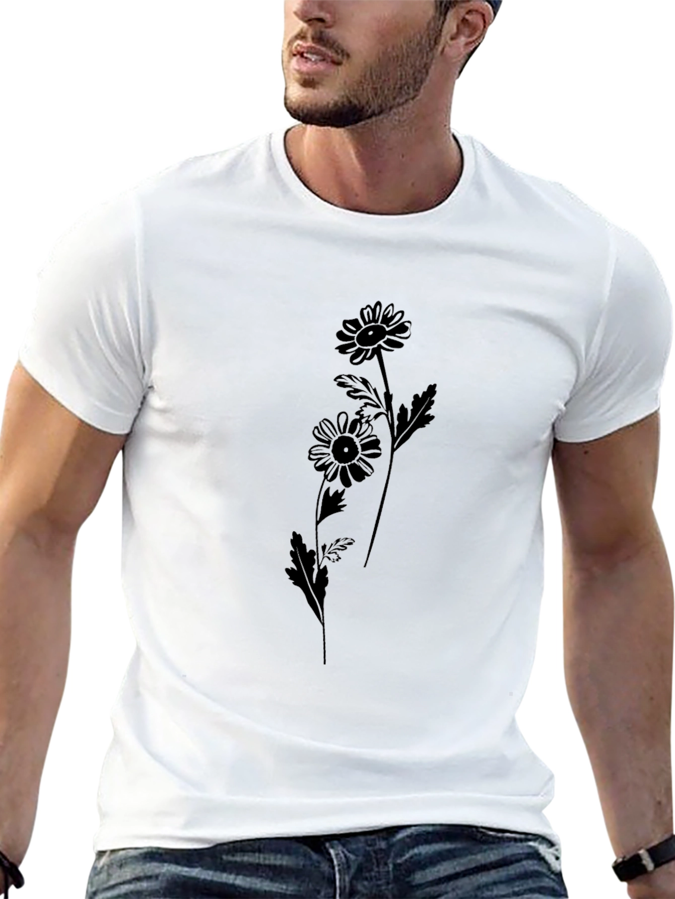 Black Daisy Flower Graphic Tee - Casual Style