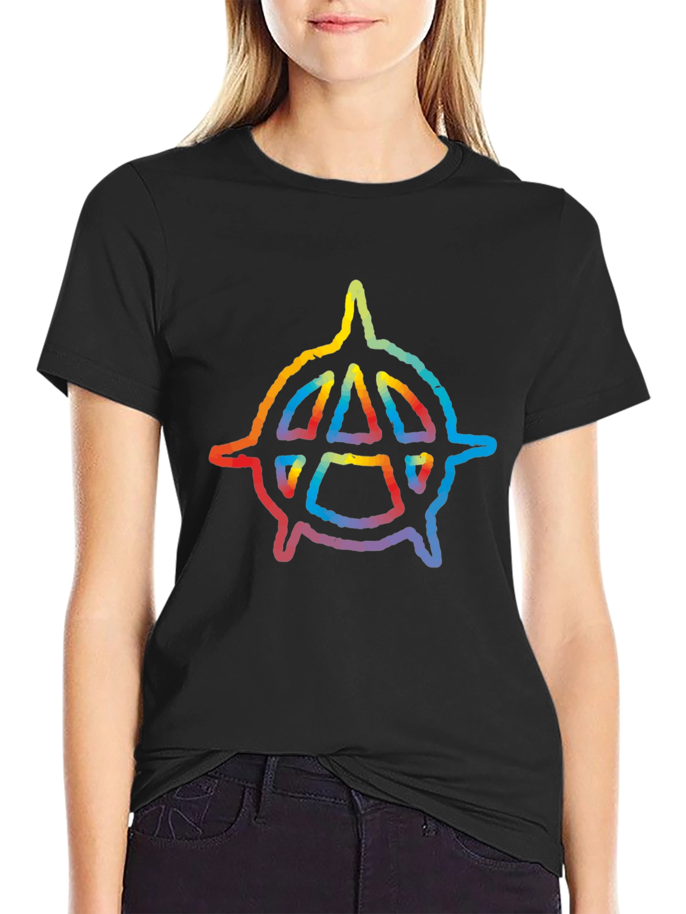 Rainbow Anarchy Symbol Black T-Shirt