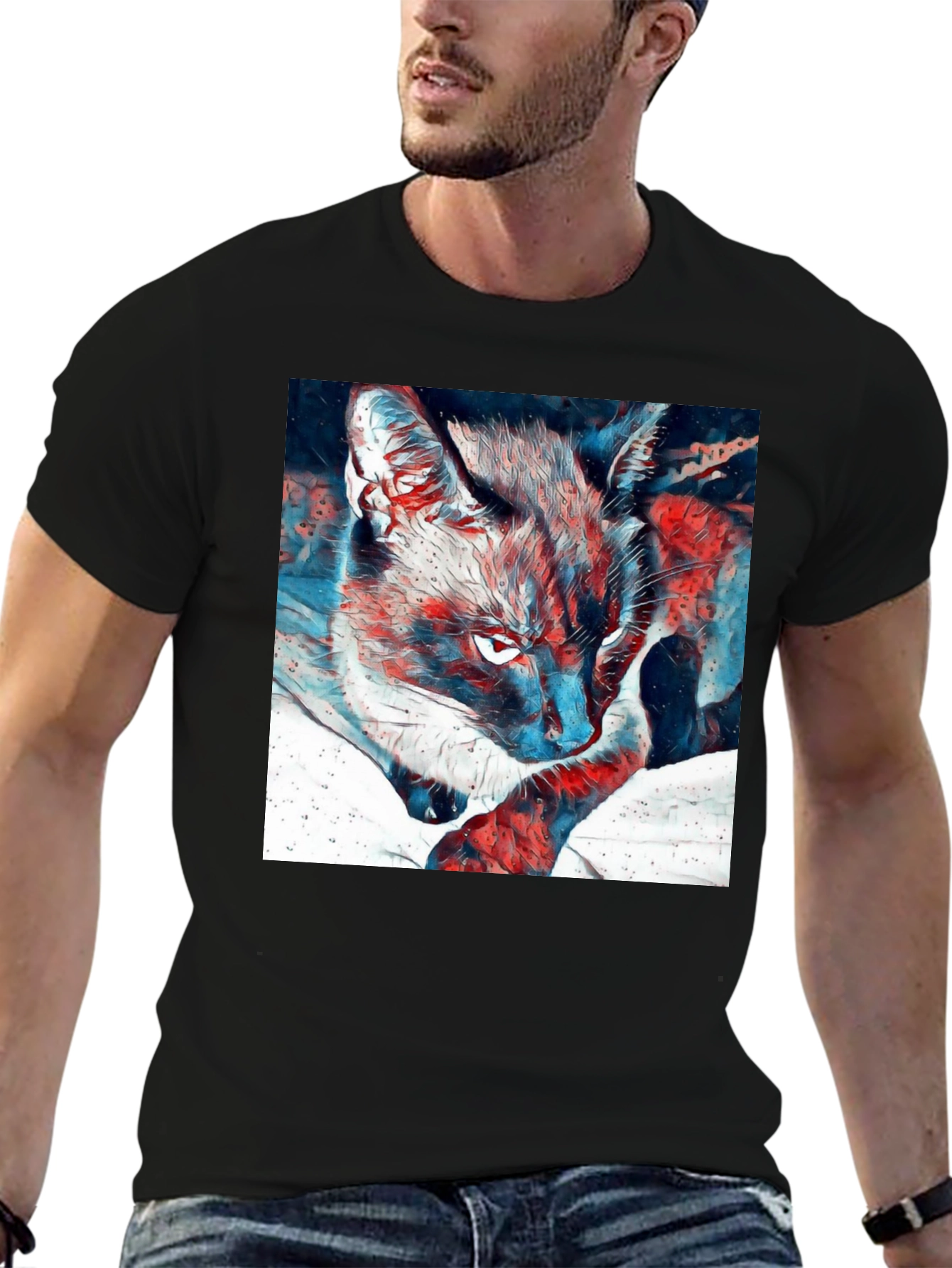 Artistic Cat Graphic Black T-Shirt
