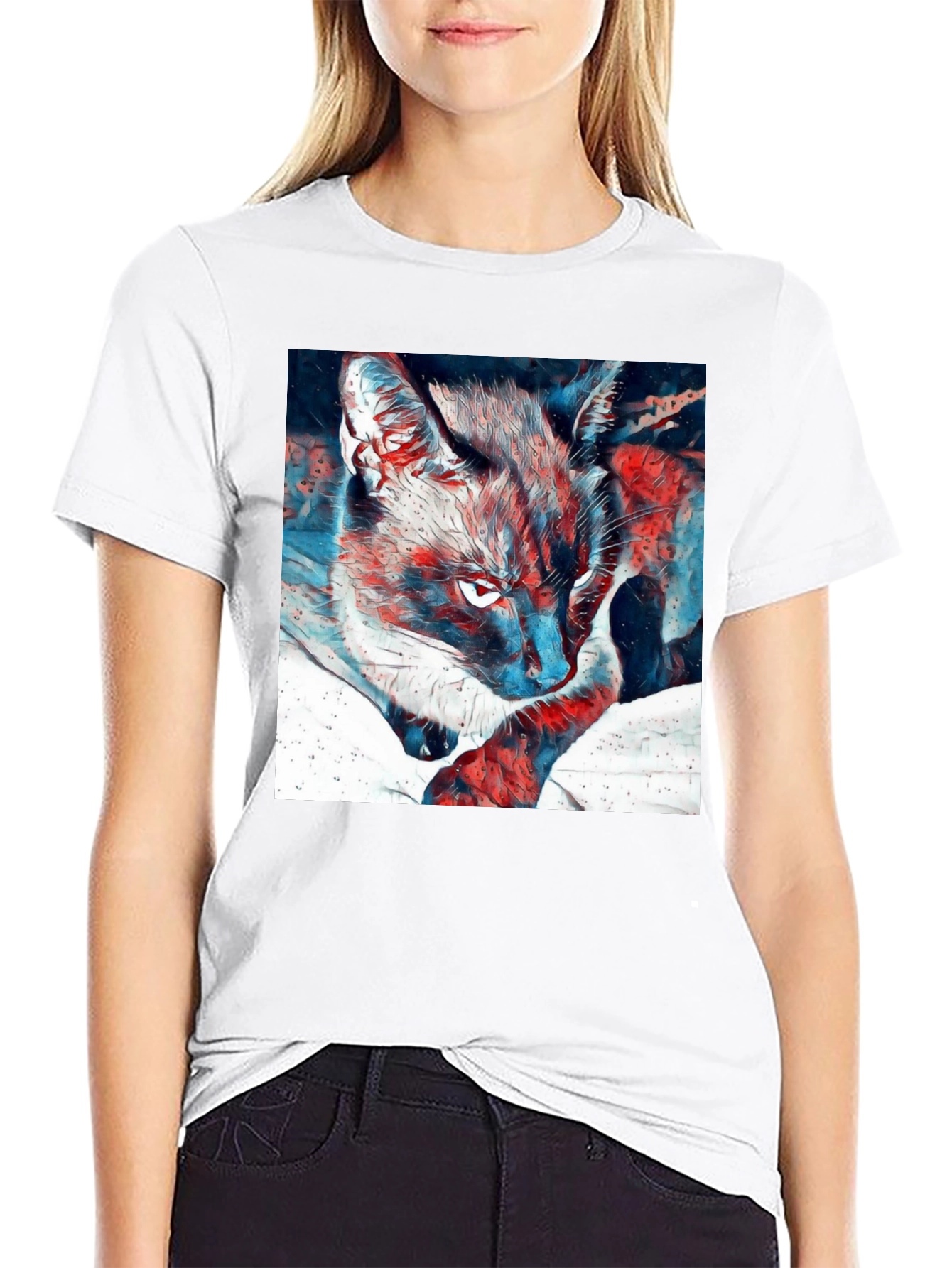Artistic Cat Graphic Black T-Shirt