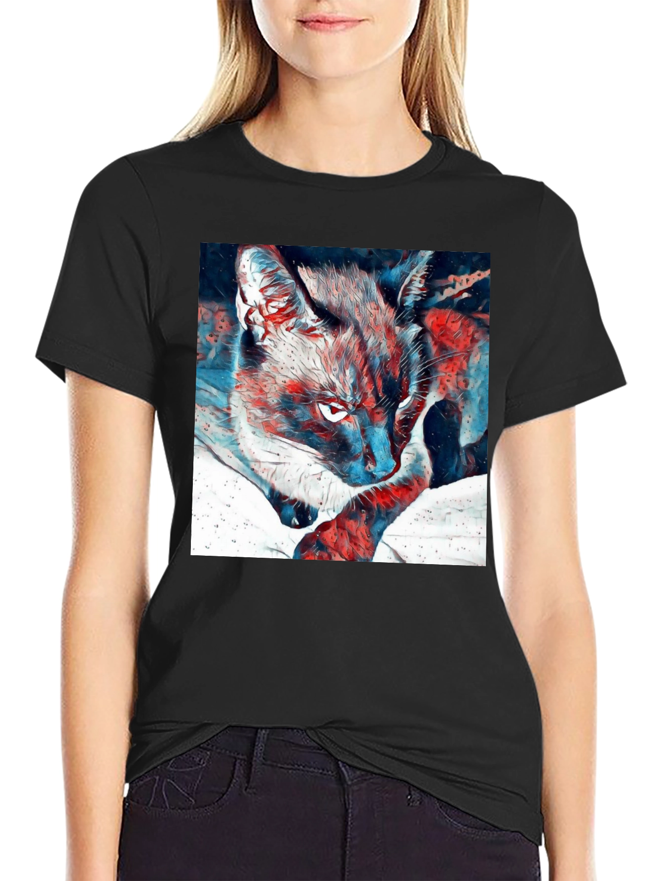 Artistic Cat Graphic Black T-Shirt