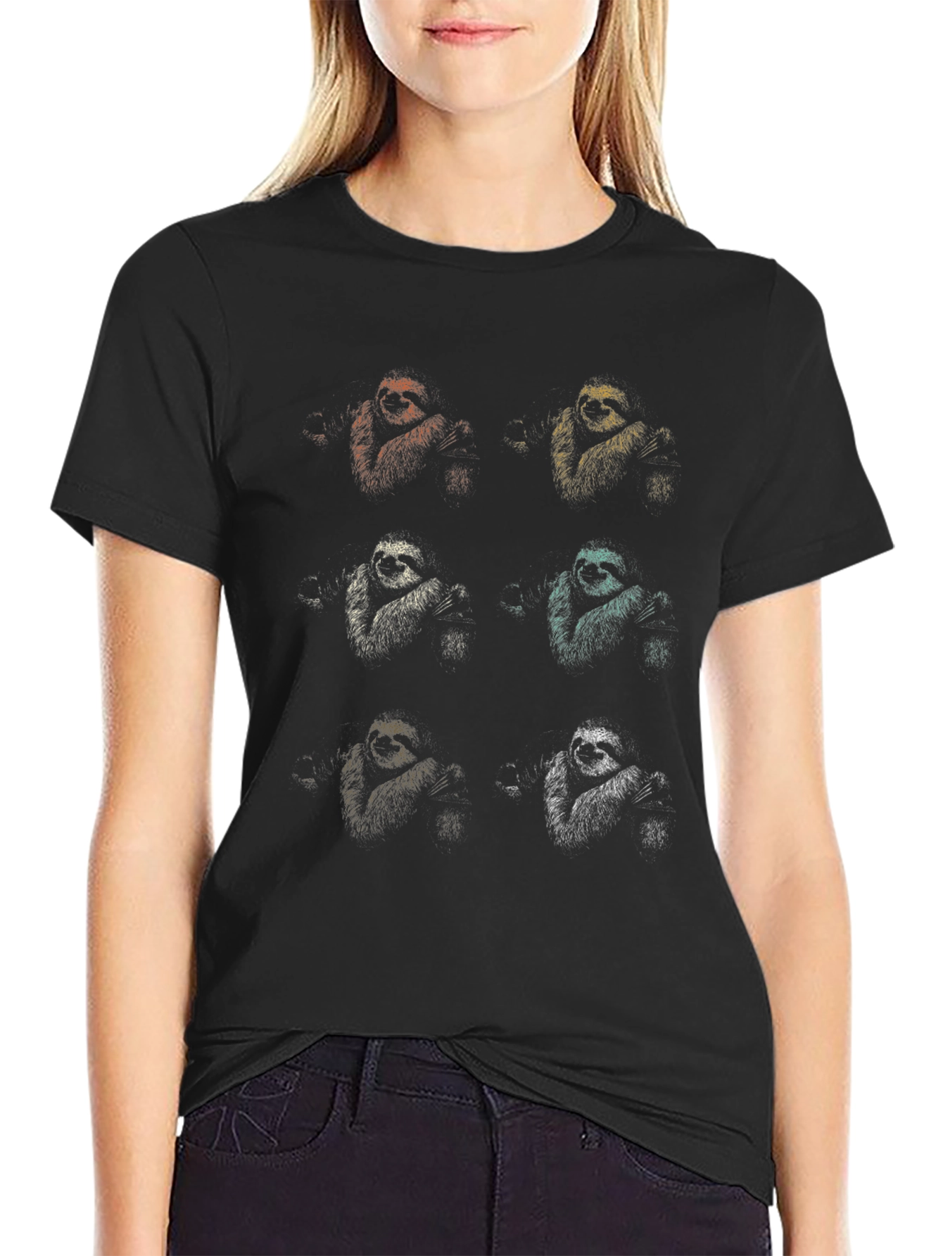 Retro Sloth Pattern Black T-Shirt
