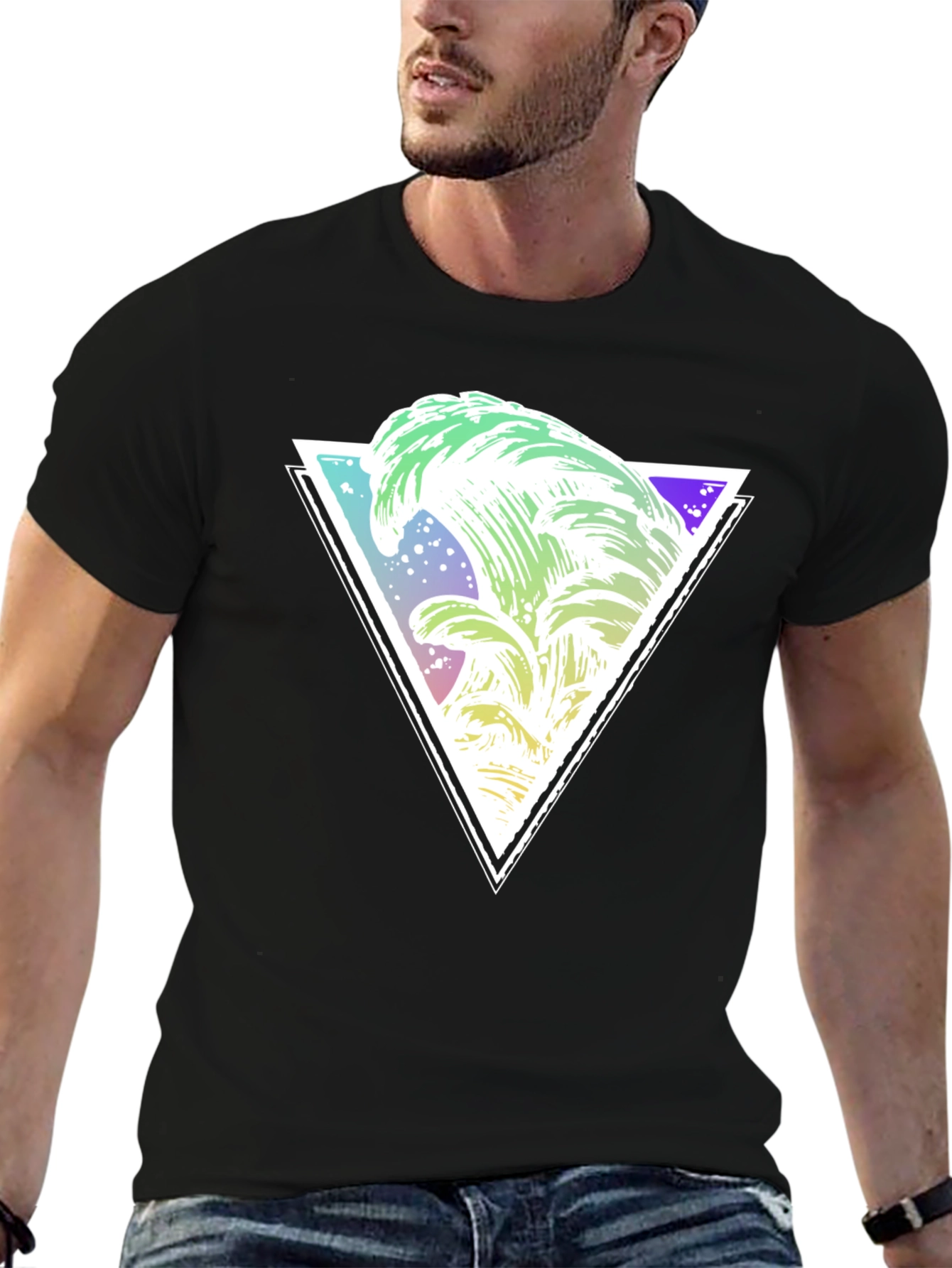 Geometric Wave Graphic Tee - Black Cotton Shirt