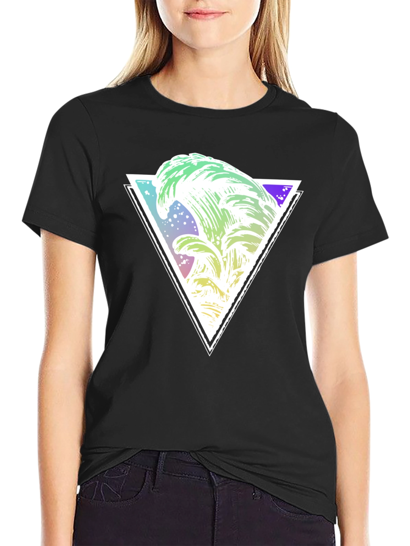 Geometric Wave Graphic Tee - Black Cotton Shirt