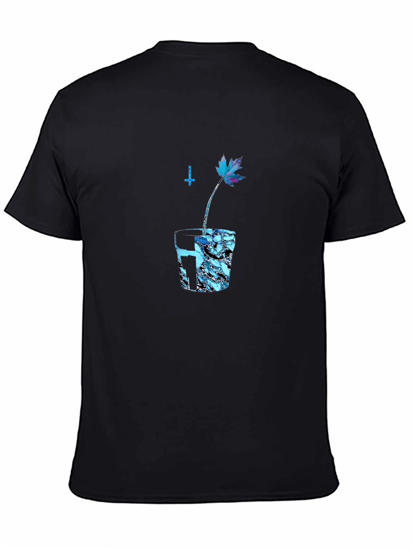 Black Graphic Tee with Blue Maple Leaf Design