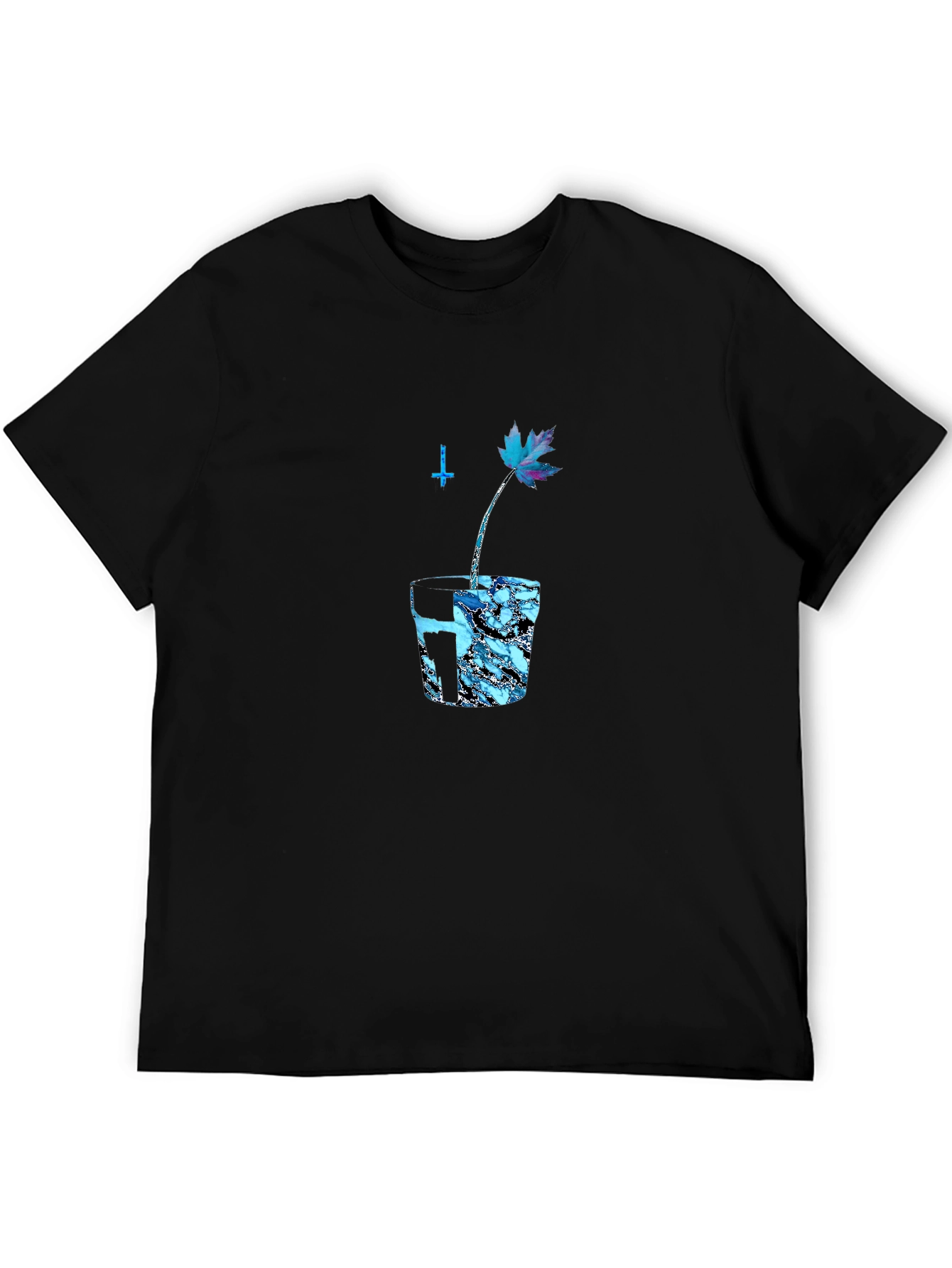 Black Graphic Tee with Blue Maple Leaf Design