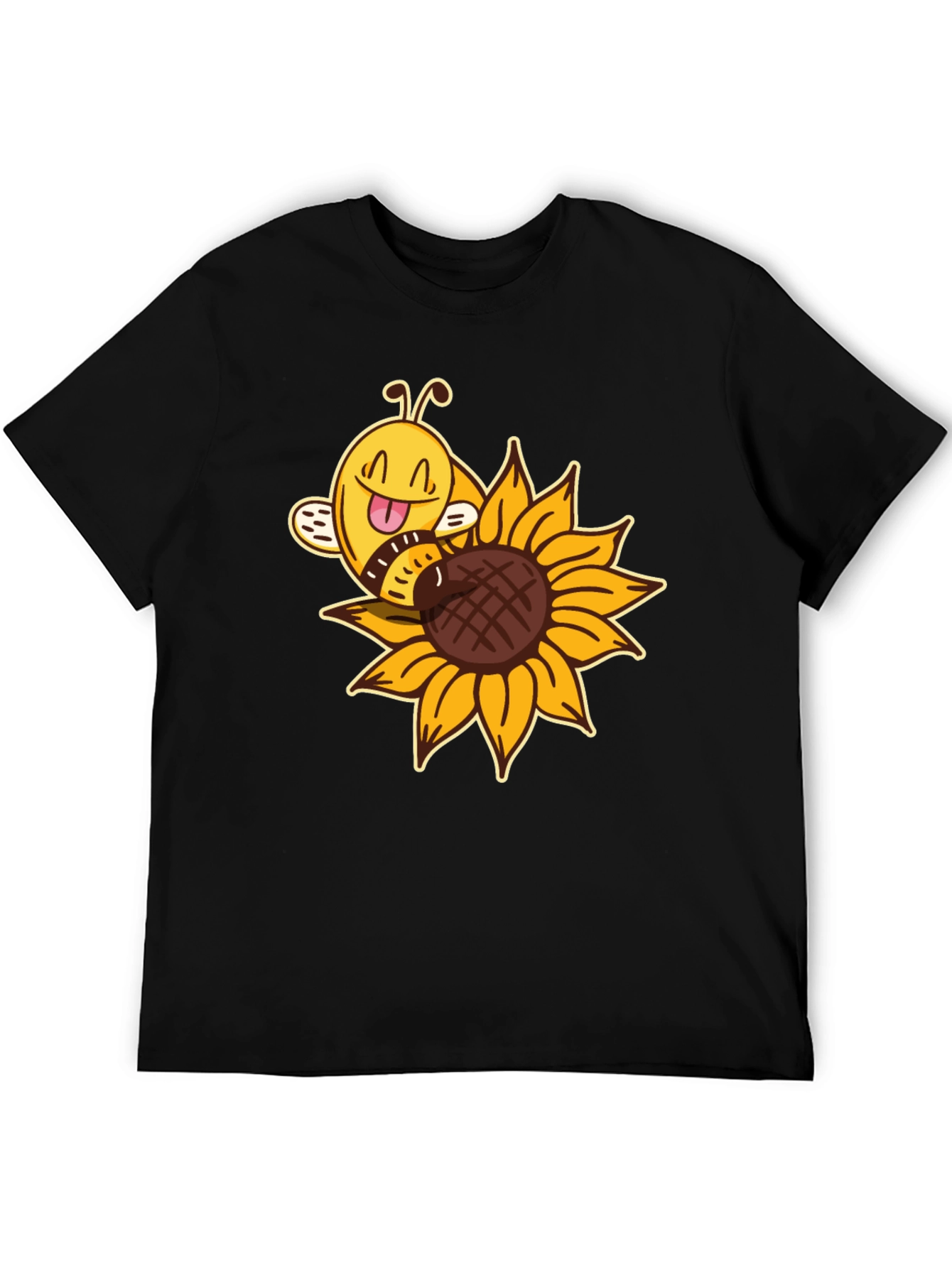 Cute Bee on Sunflower Black T-Shirt