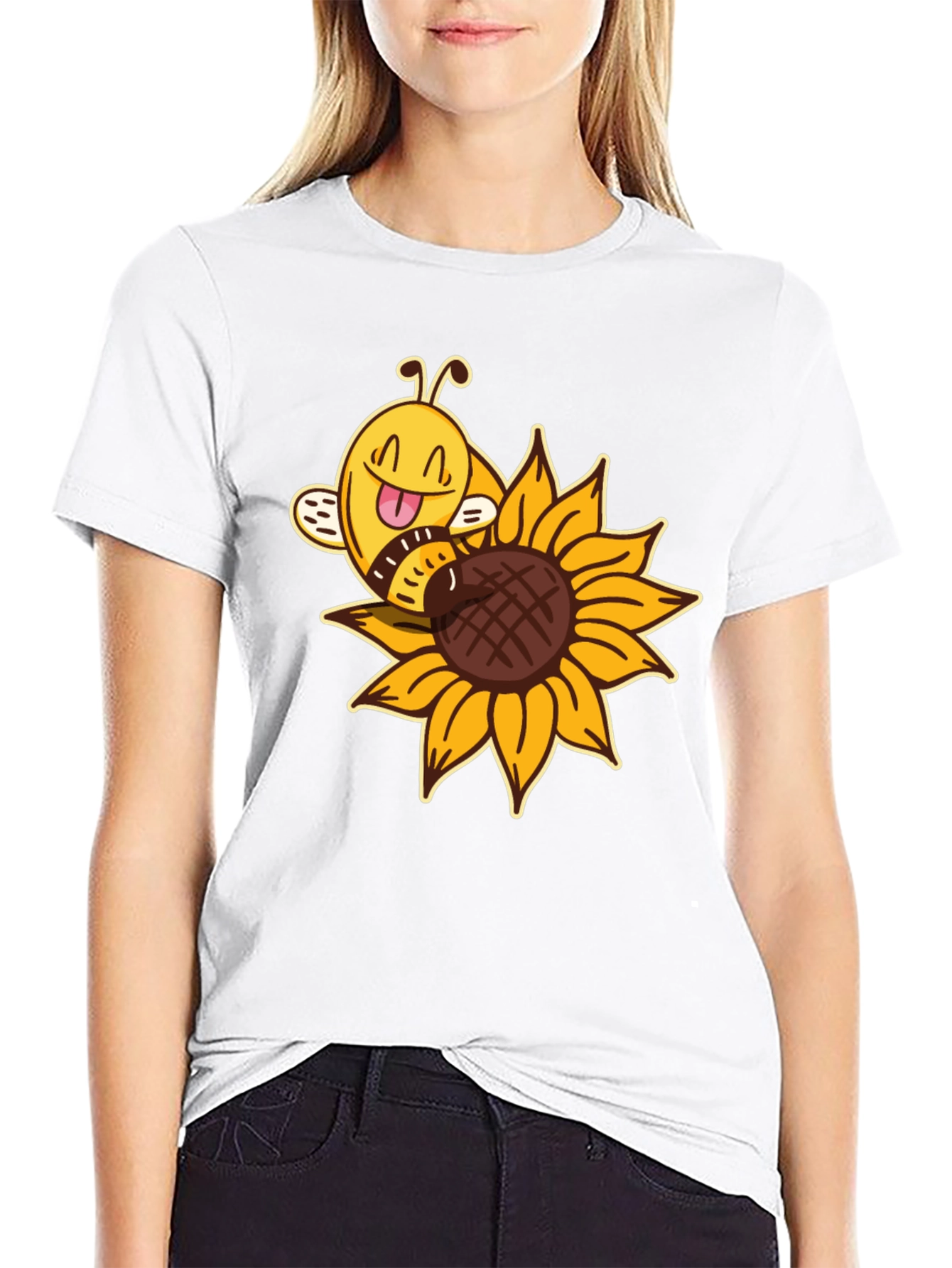 Cute Bee on Sunflower Black T-Shirt