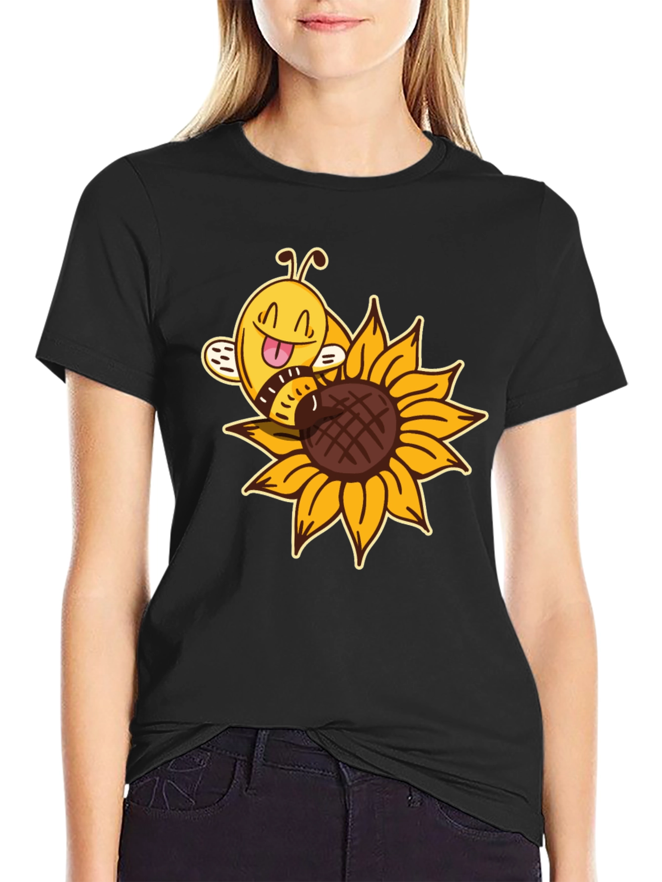 Cute Bee on Sunflower Black T-Shirt