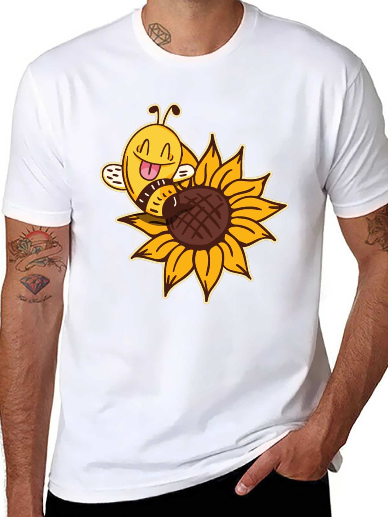 Cute Bee on Sunflower Black T-Shirt