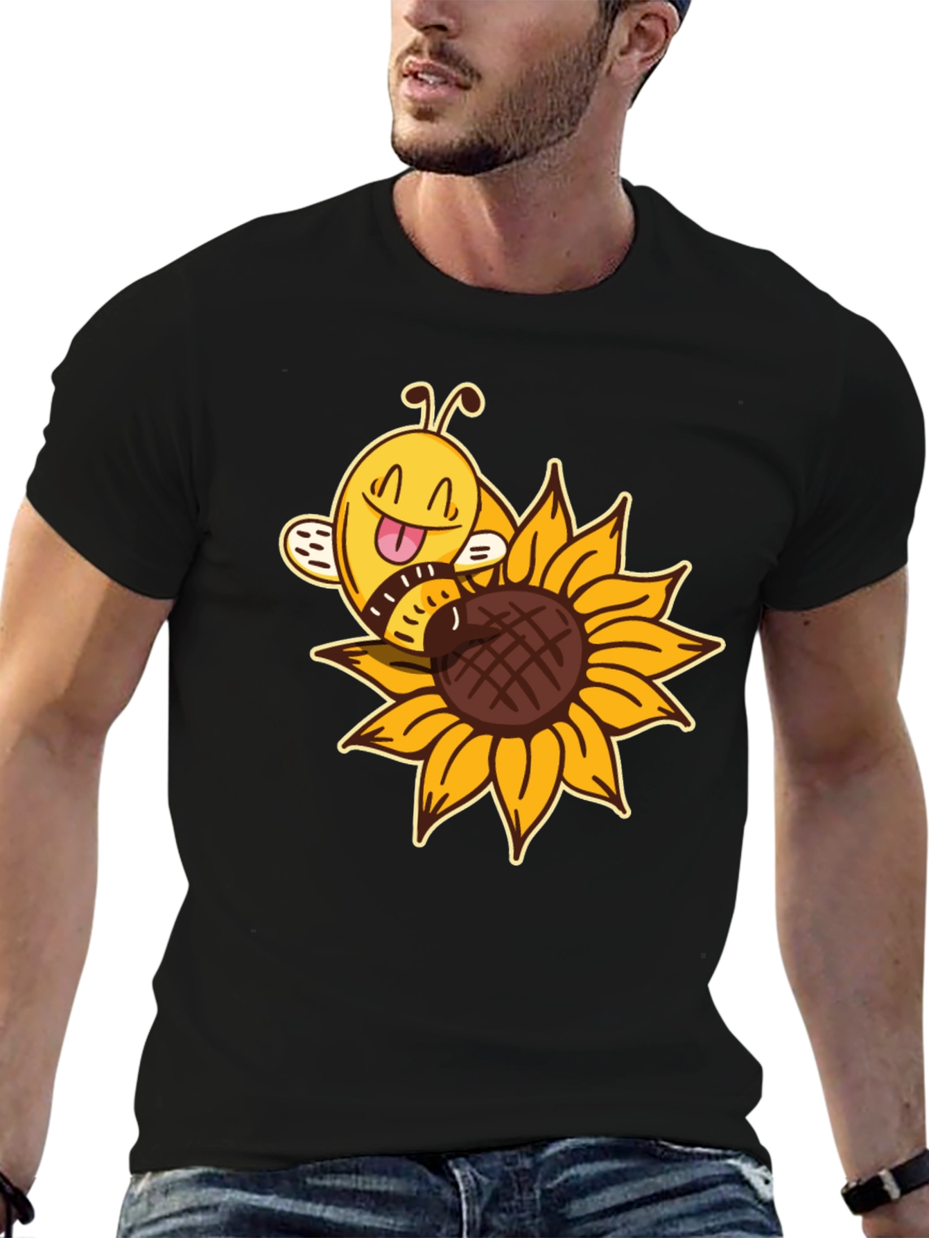 Cute Bee on Sunflower Black T-Shirt