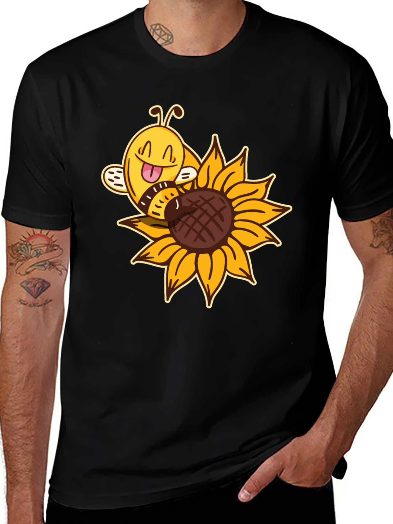 Cute Bee on Sunflower Black T-Shirt
