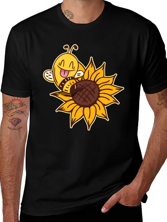 Cute Bee on Sunflower Black T-Shirt