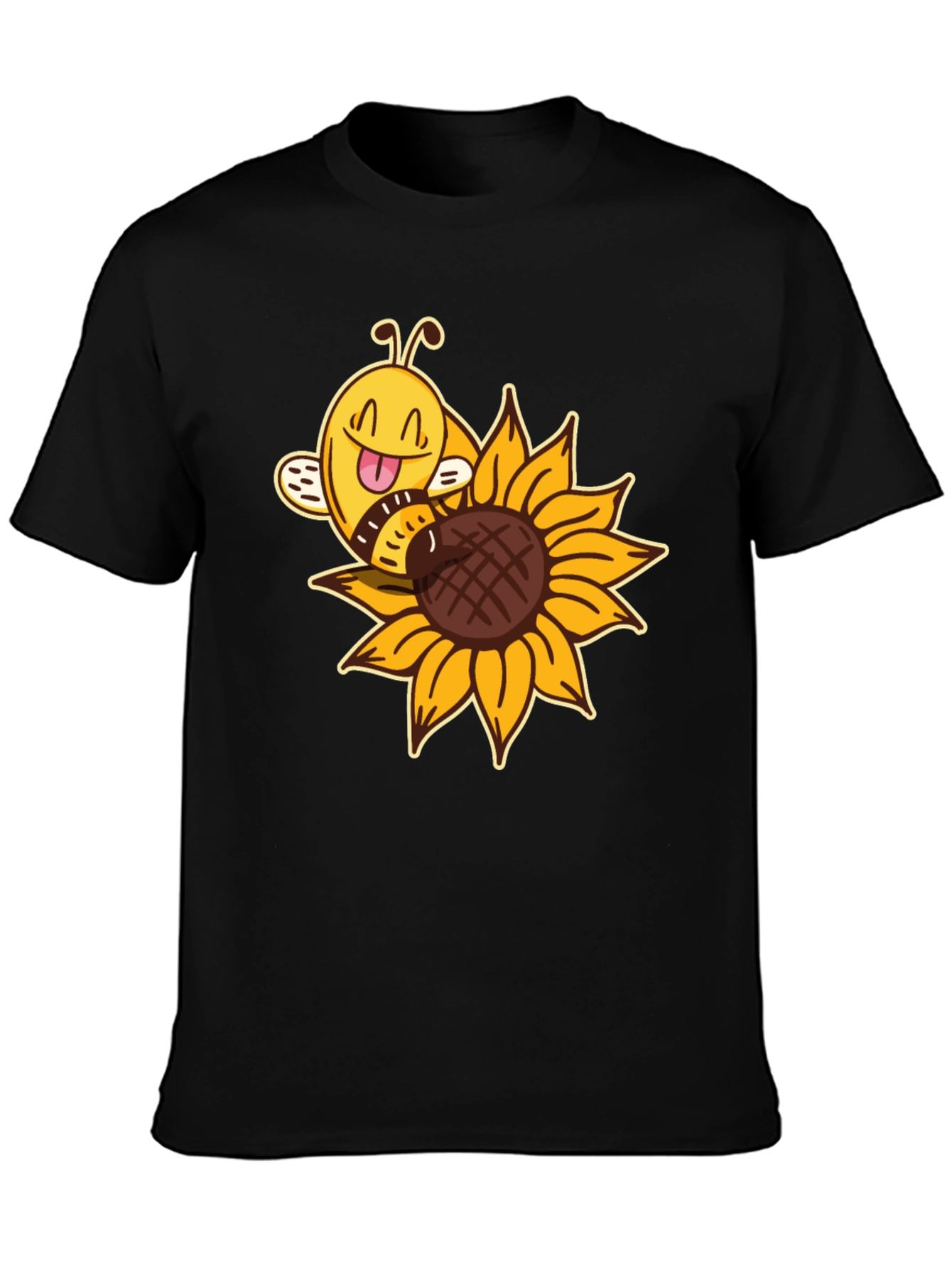 Cute Bee on Sunflower Black T-Shirt