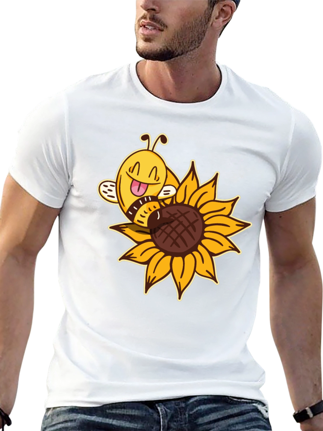Cute Bee on Sunflower Black T-Shirt
