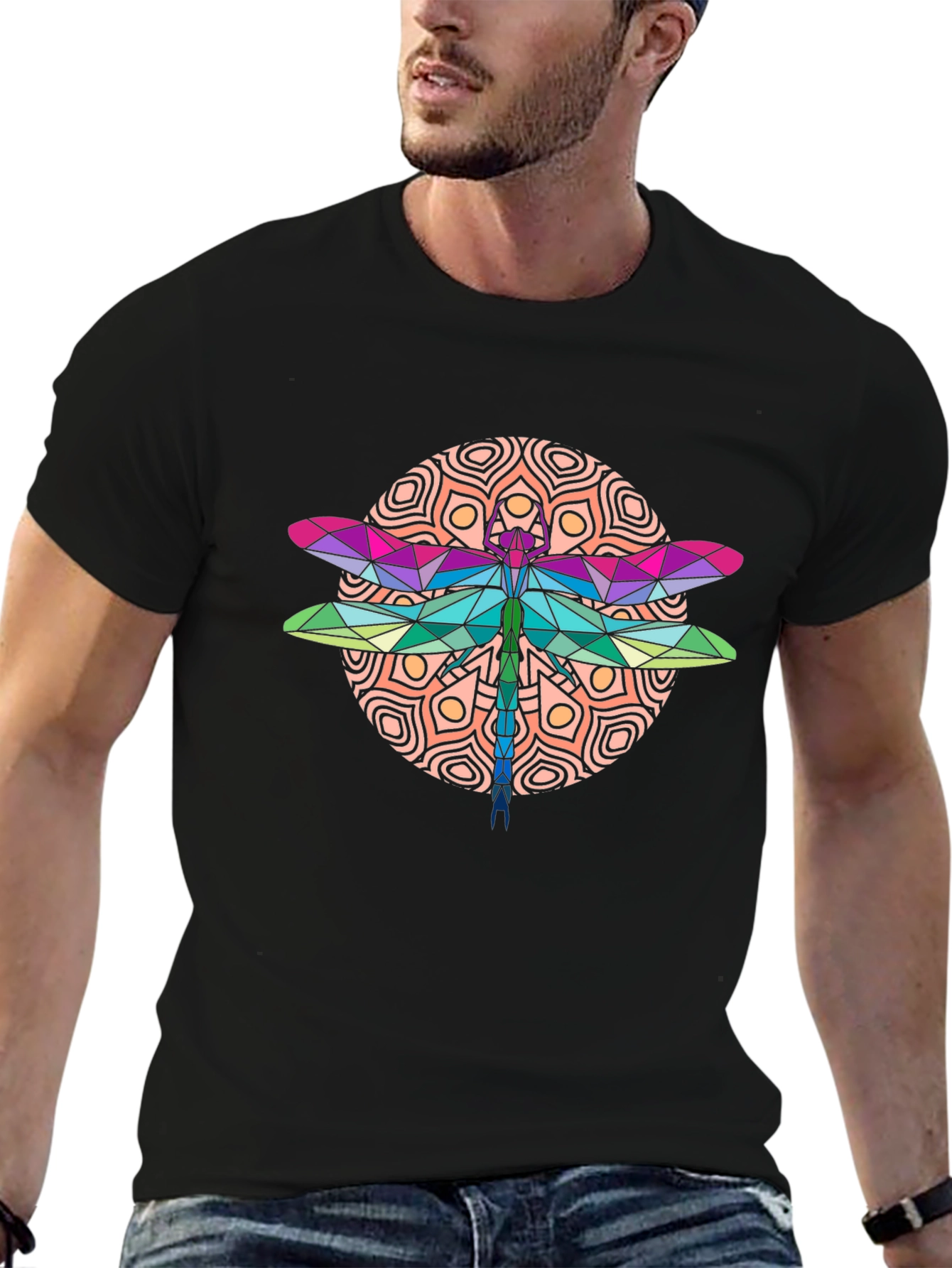 Geometric Dragonfly Graphic Tee - Black