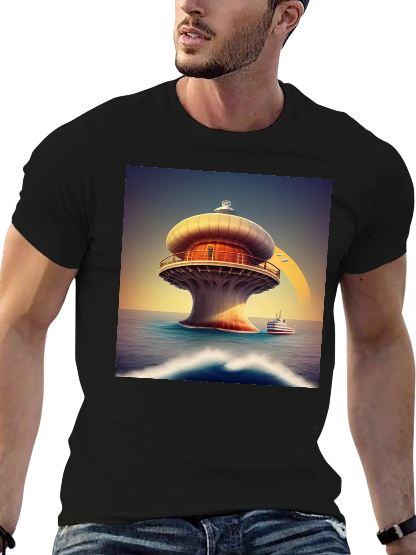 Modern Lighthouse T-Shirt - Black Graphic Tee