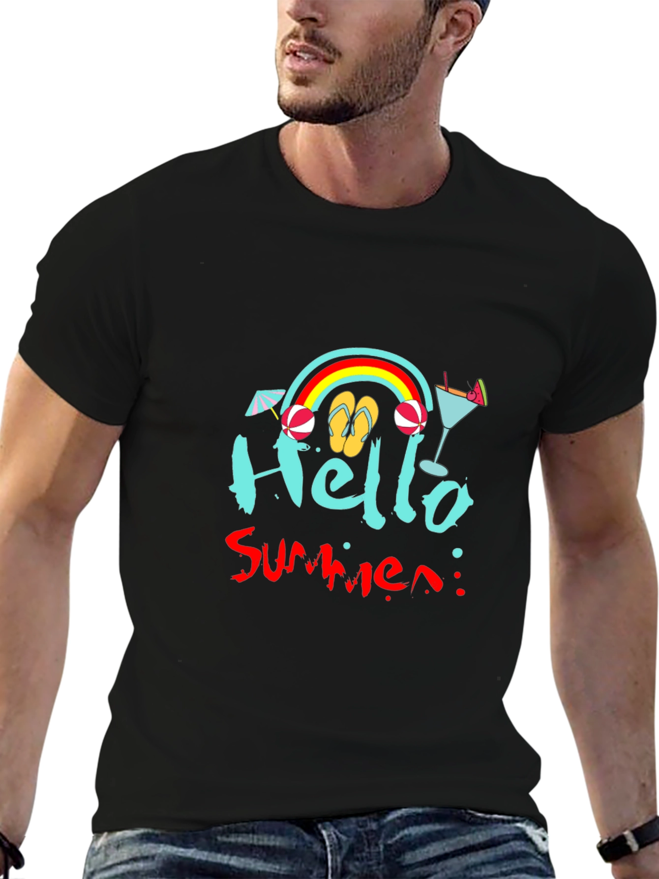 Hello Summer Black T-Shirt - Beach Vibes
