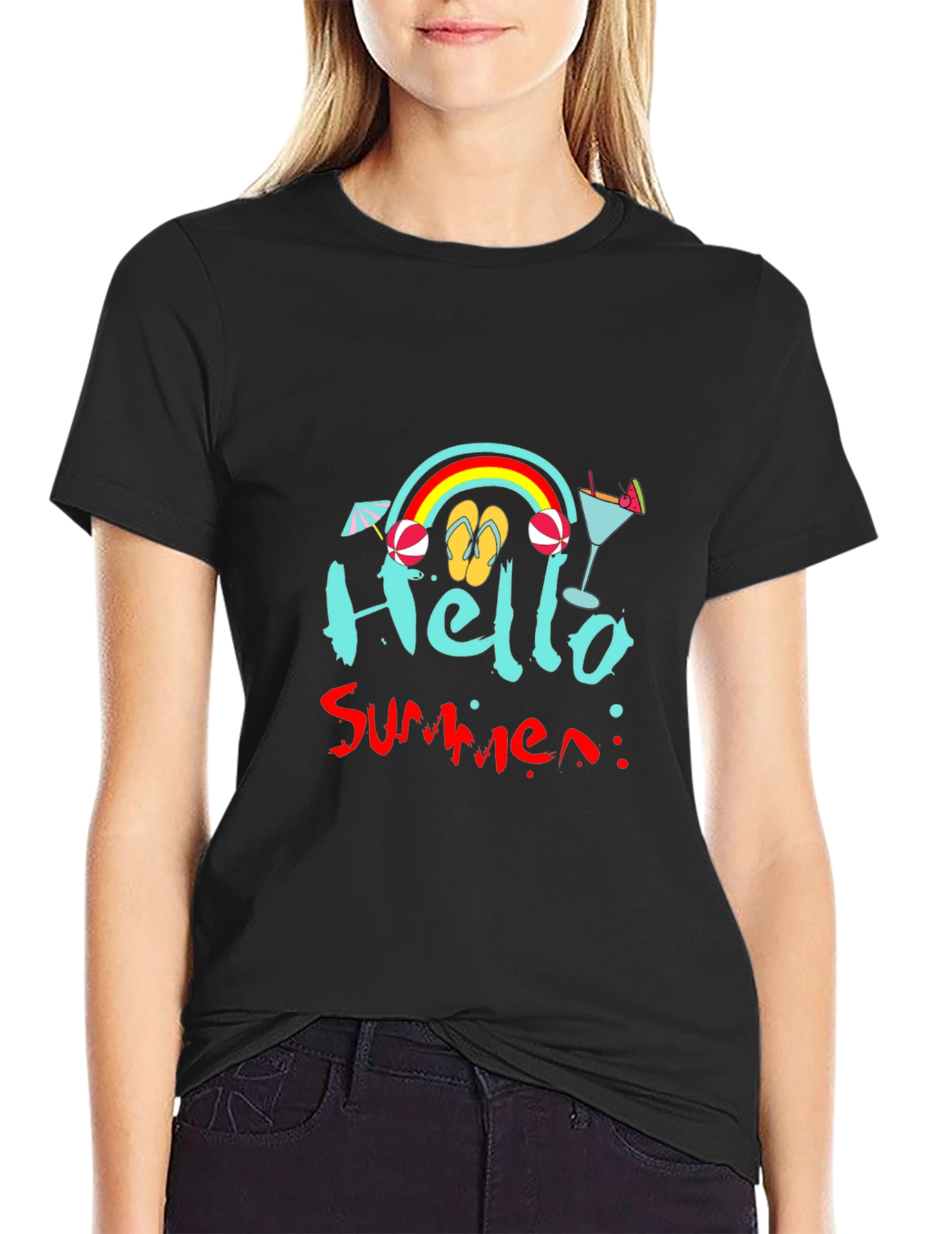 Hello Summer Black T-Shirt - Beach Vibes